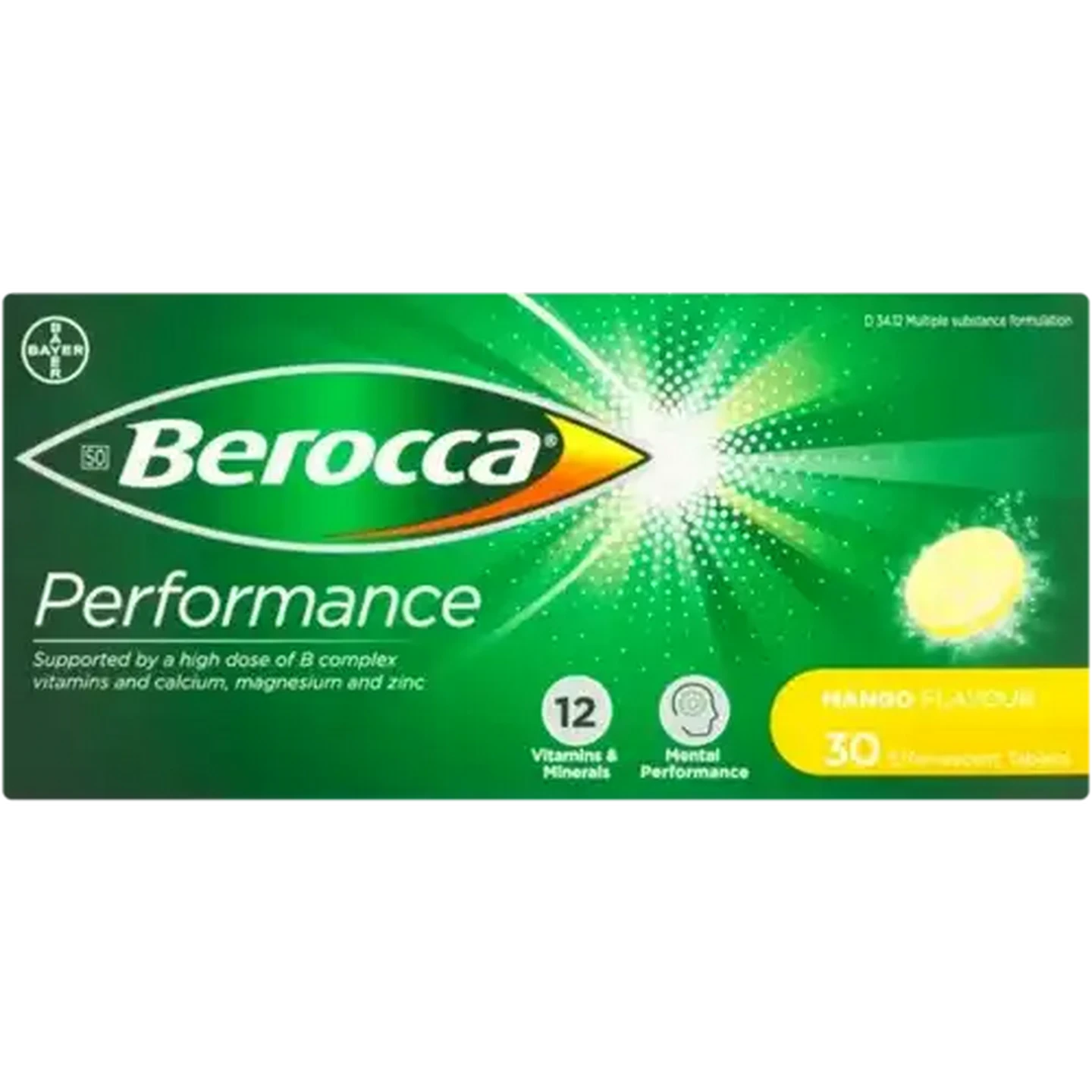 Image of Berocca Performance Mango Flavour Effervescent Tablets 30 Pack