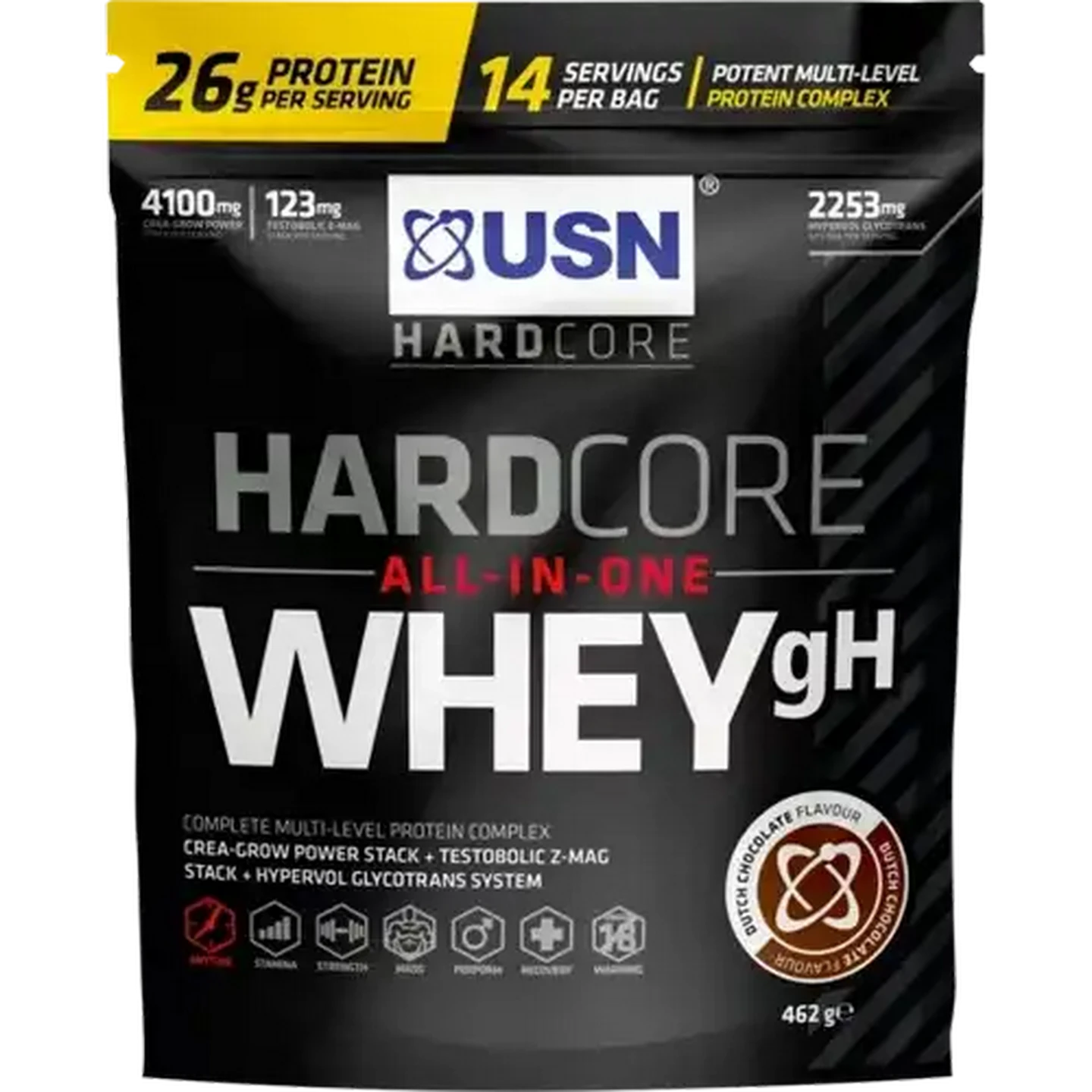 Image of USN Hardcore All-In-One Dutch Chocolate Flavoured Whey Powder 462g