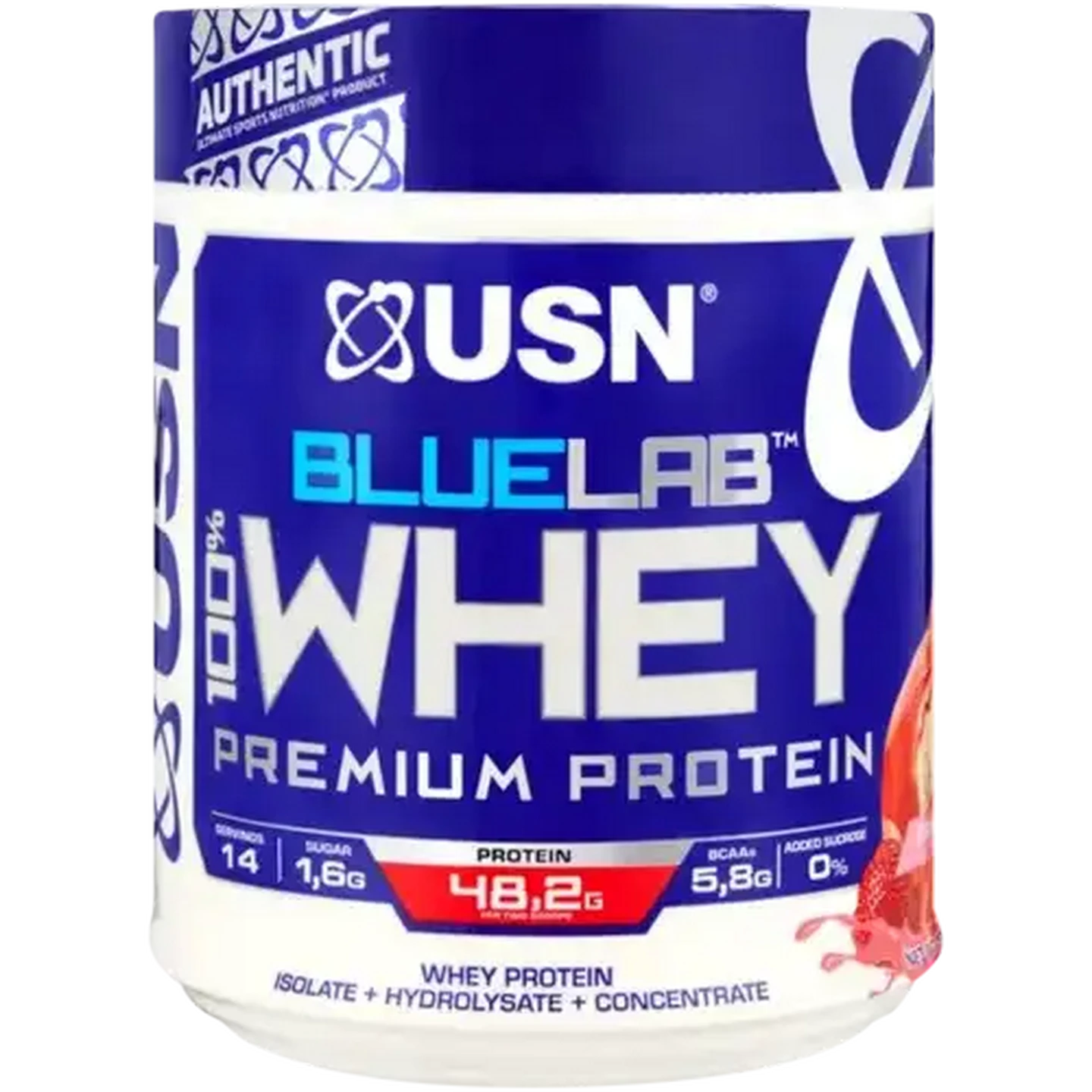 Image of USN Blue Lab Strawberry Flavoured 100% Whey Premium Protein 454g