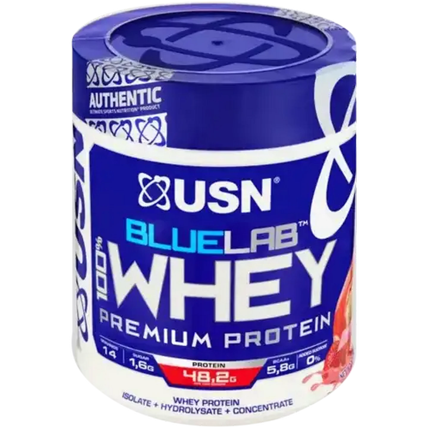 Image of USN Blue Lab Strawberry Flavoured 100% Whey Premium Protein 454g