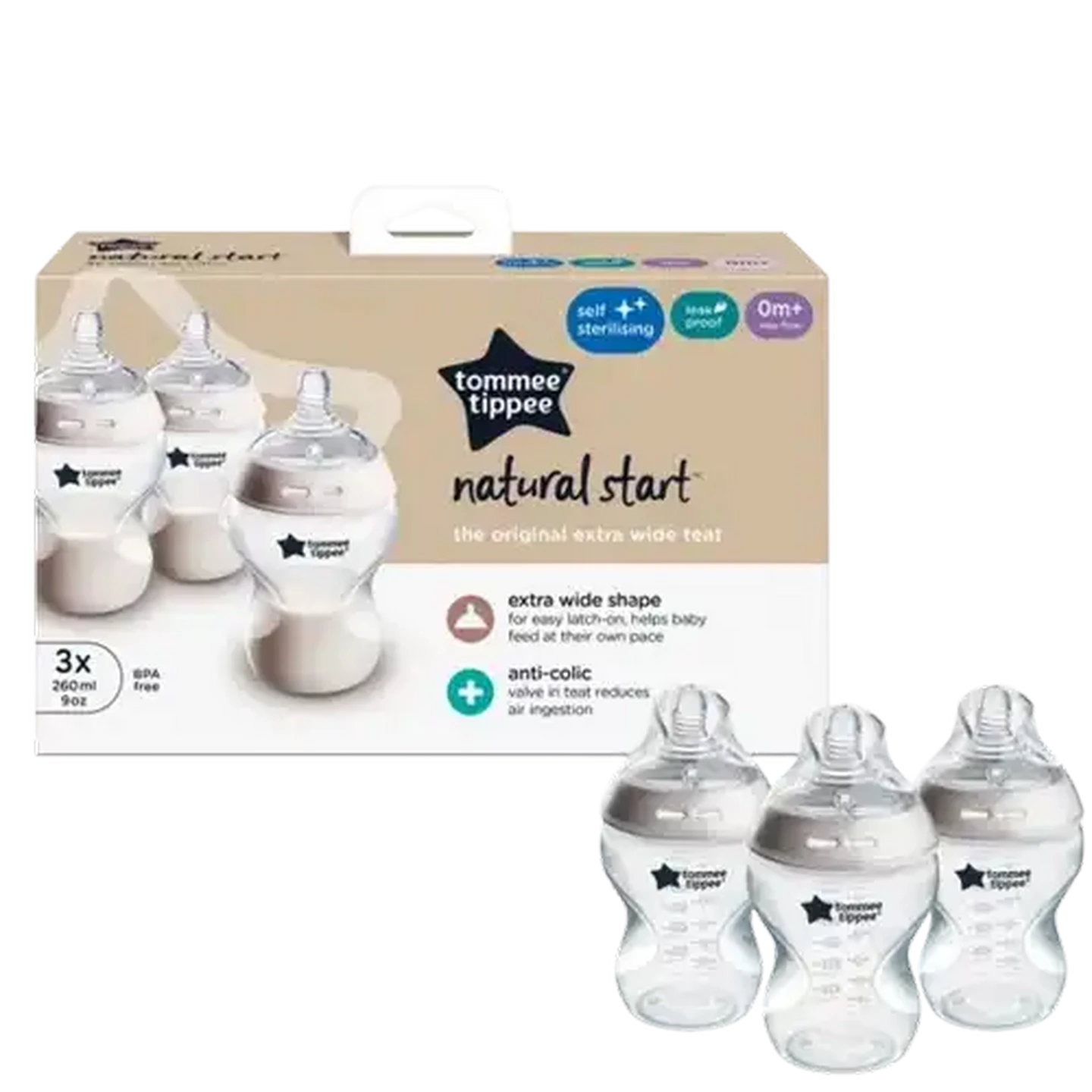 Image of Tommee Tippee Natural start 260ml self-sterilising clear bottle 3-Pack 0 months +
