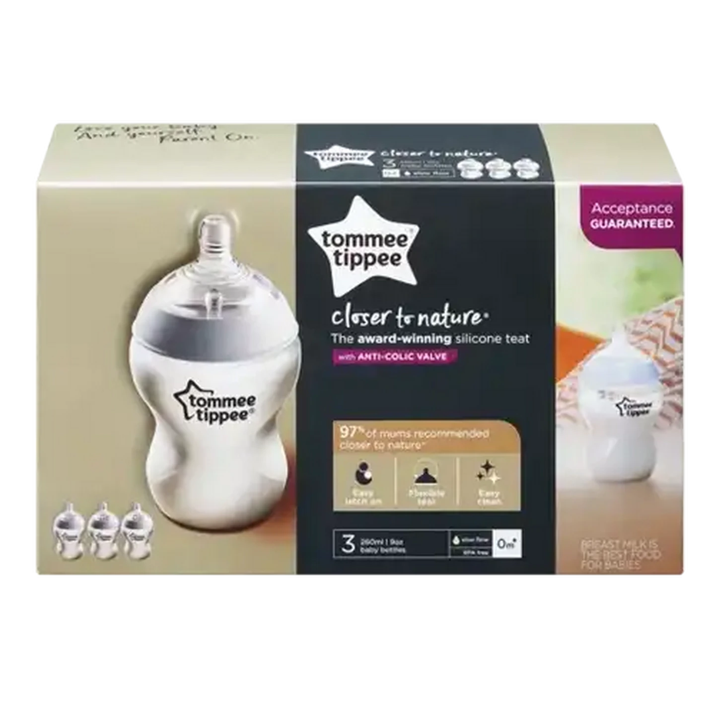 Image of Tommee Tippee Natural start 260ml self-sterilising clear bottle 3-Pack 0 months +