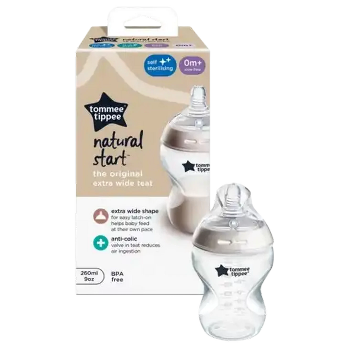 Image of Tommee Tippee Natural Start Self-Sterilising Clear Bottle 0 Months + 260ml