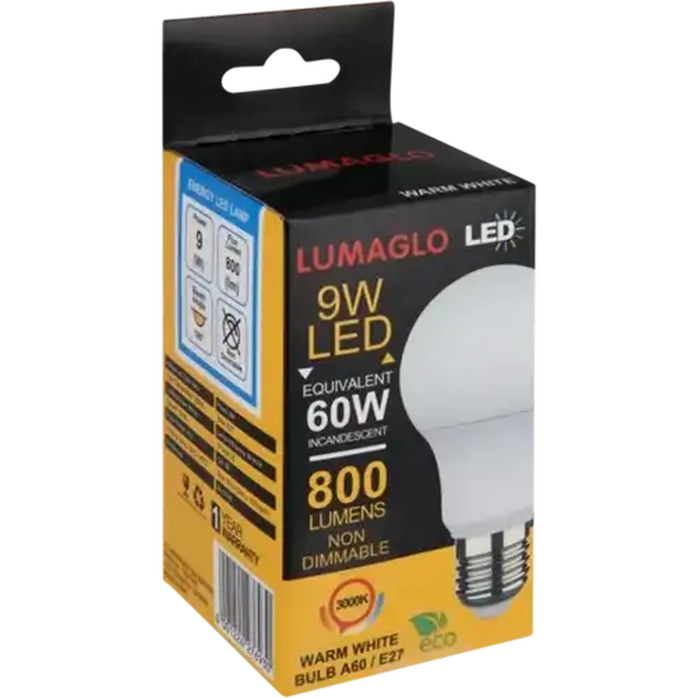 Image of Lumaglo Warm White CLA/E27 LED Screw-in Globe 9W