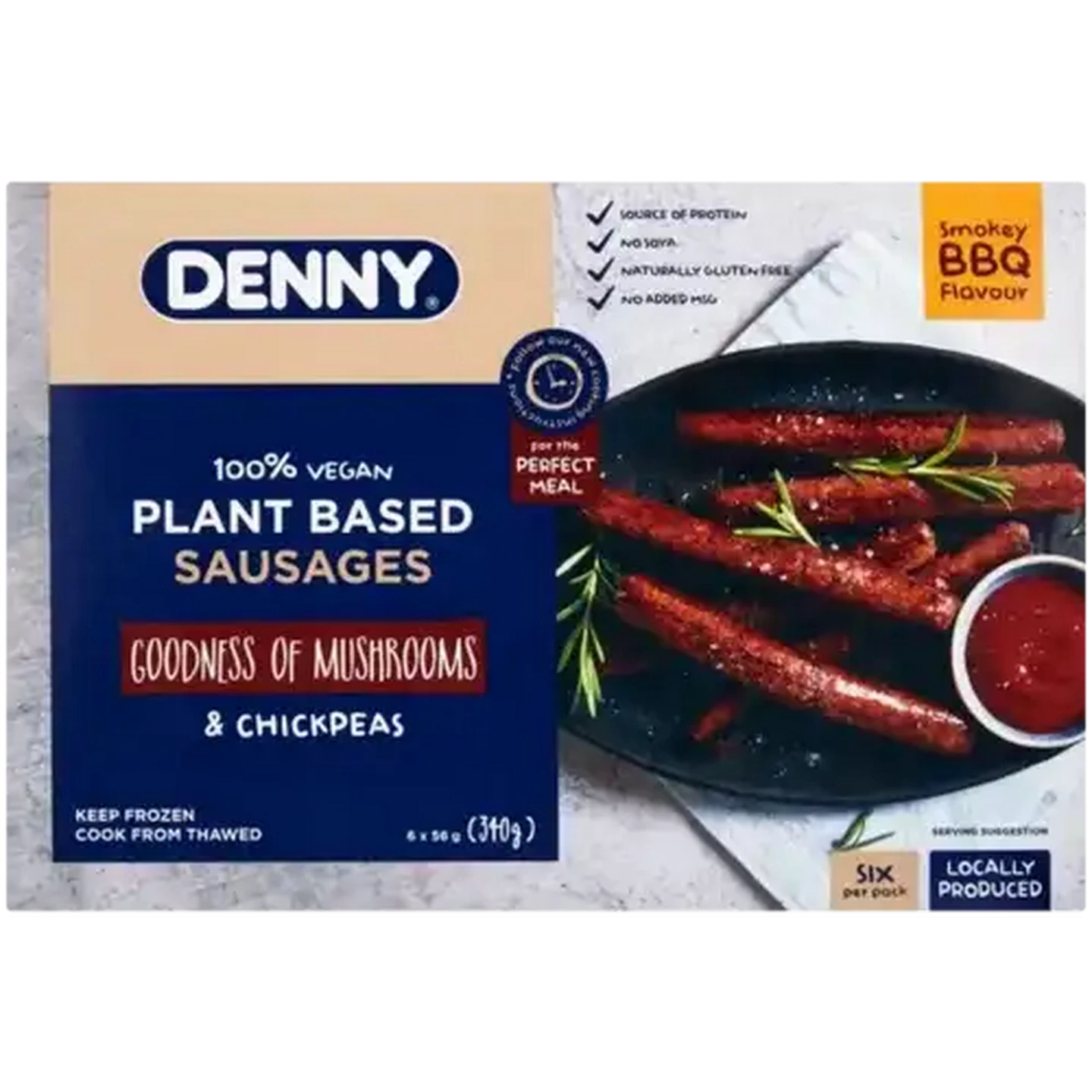 Image of DENNY Frozen Smokey BBQ Flavoured Plant Based Sausages 340g
