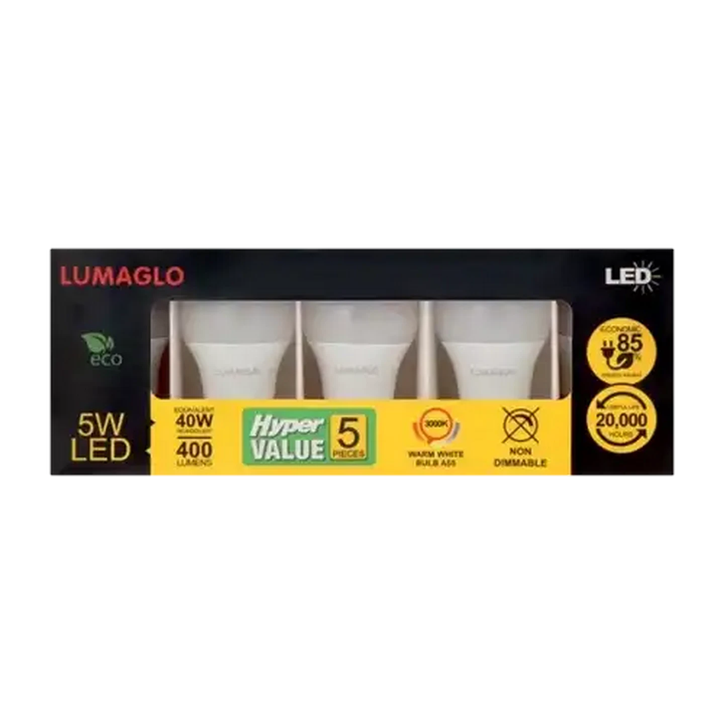 Image of Lumaglo Warm White A55/E27 LED Screw-in Globe 5W 5-Pack