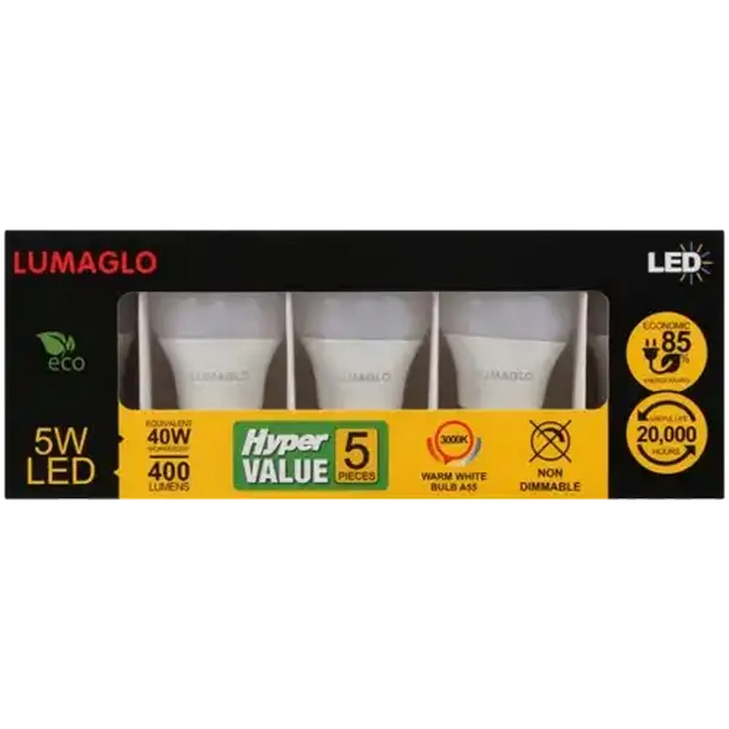 Image of Lumaglo Warm White A60/B22 Non-Dimmable LED Light Bulbs Bayonet Globe 5W 5-Pack