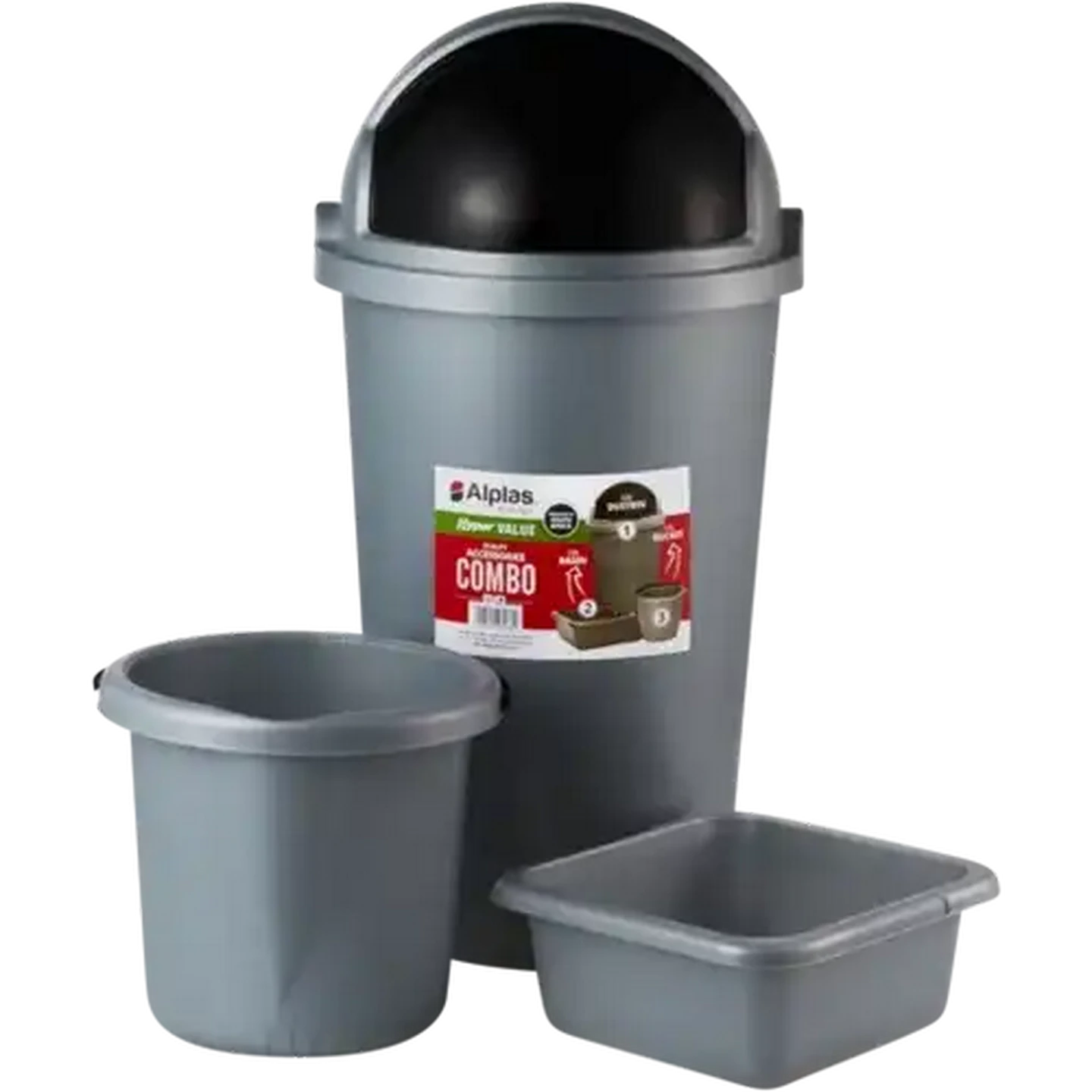 Image of Alplas Plastics Dustbin, Basin & Bucket Grey Combo Set 3 Piece