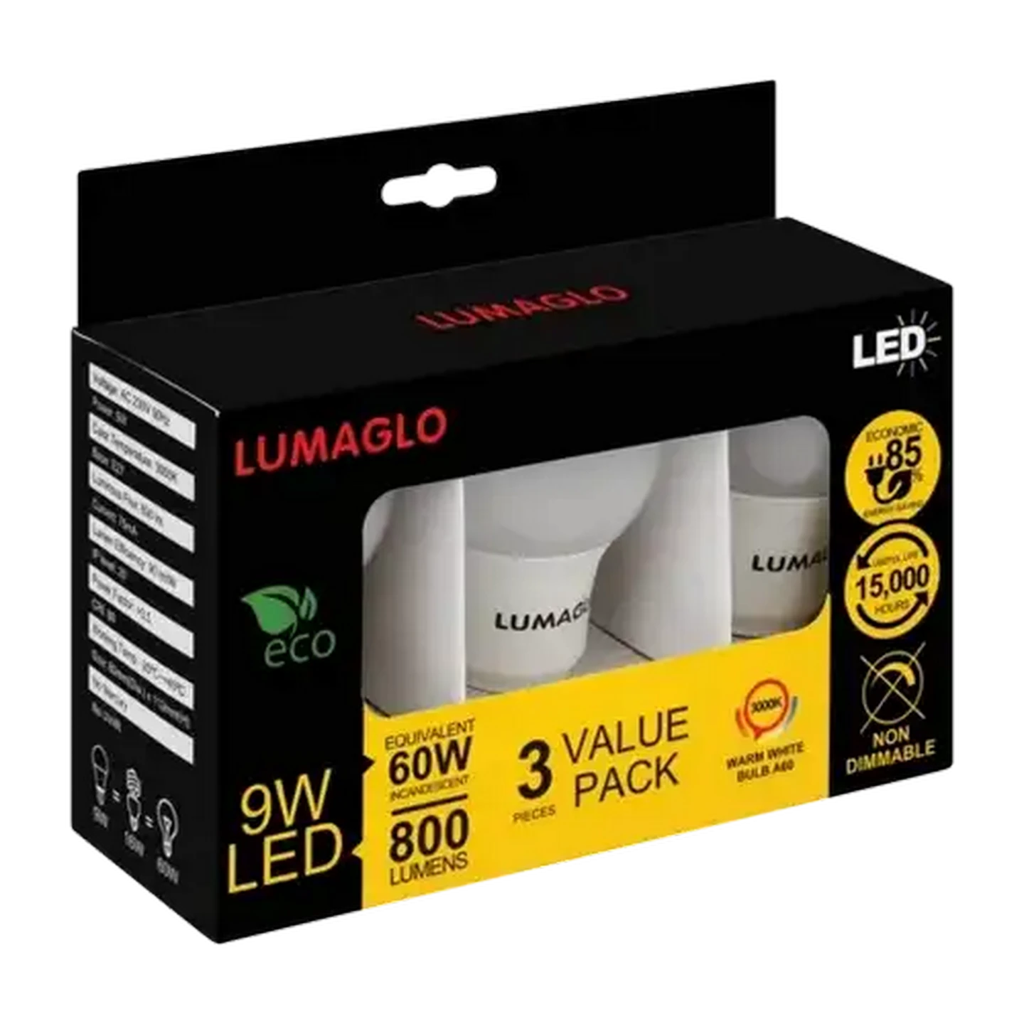 Image of Lumaglo Warm White A60/E27 LED Bulb Screw-in Globe 9W 3 Pack