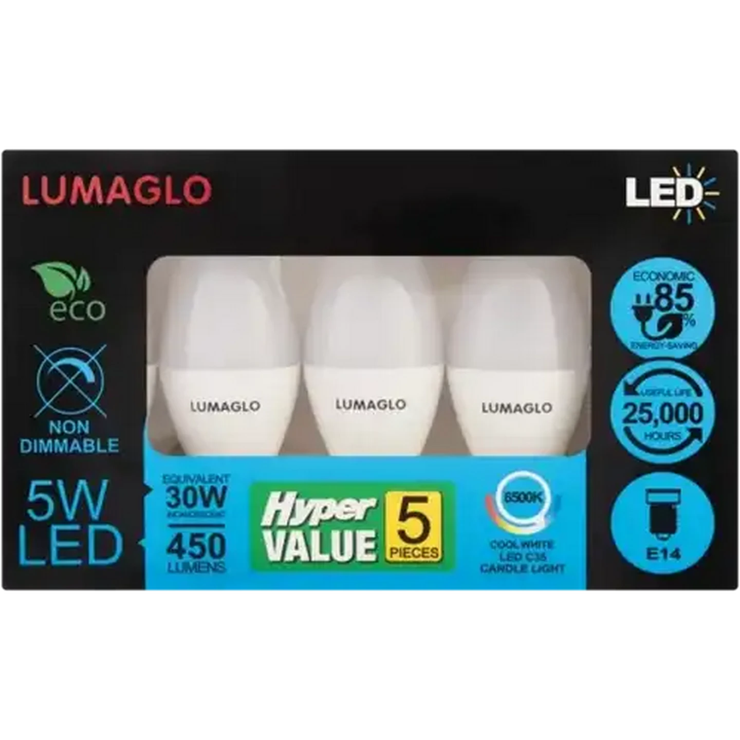 Image of Lumaglo Cool White C35/E27 Candle Light LED Screw-in Globe 5W 5 Pack