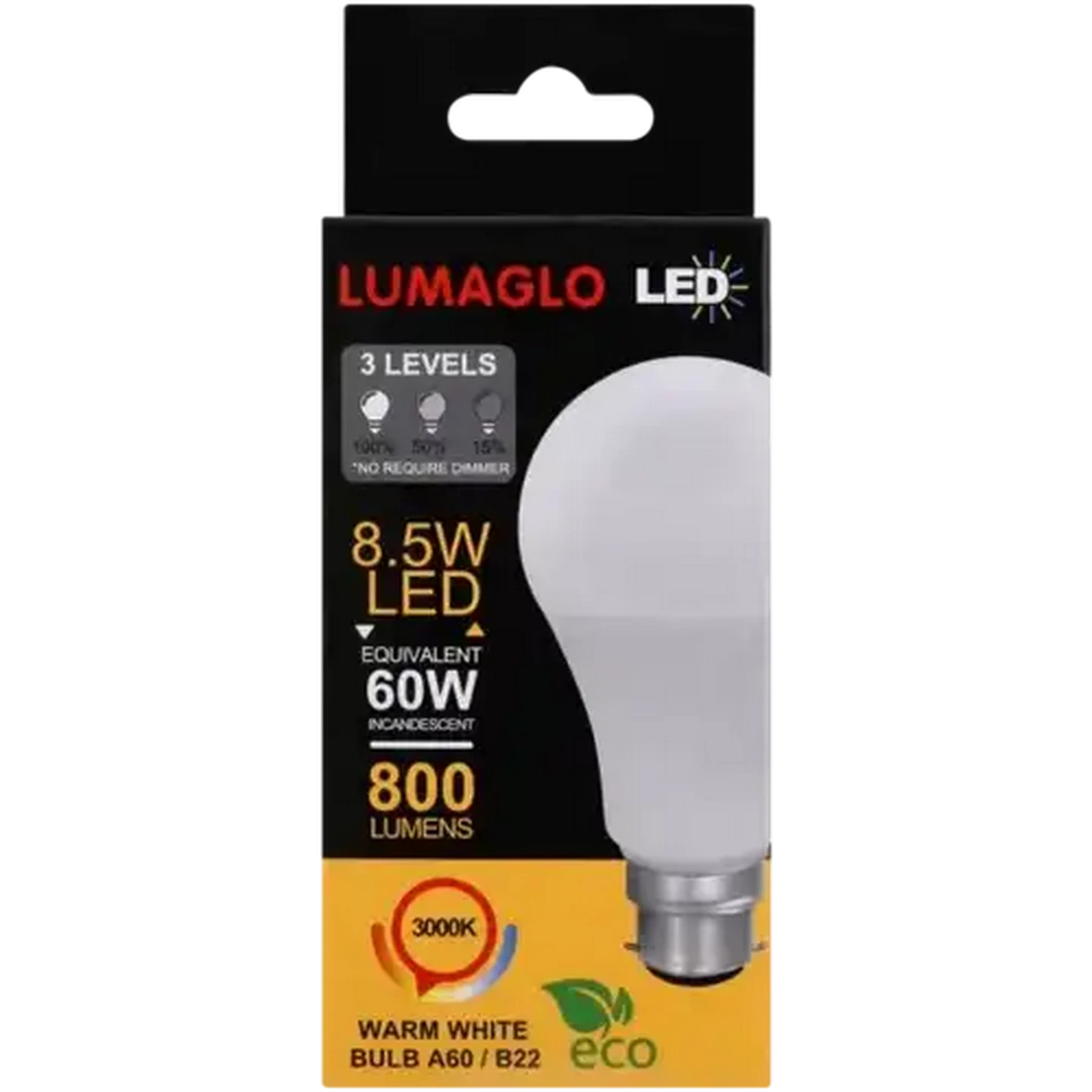 Image of Lumaglo Warm White 3-Level A60/B22 LED Bayonet Globe 8.5W