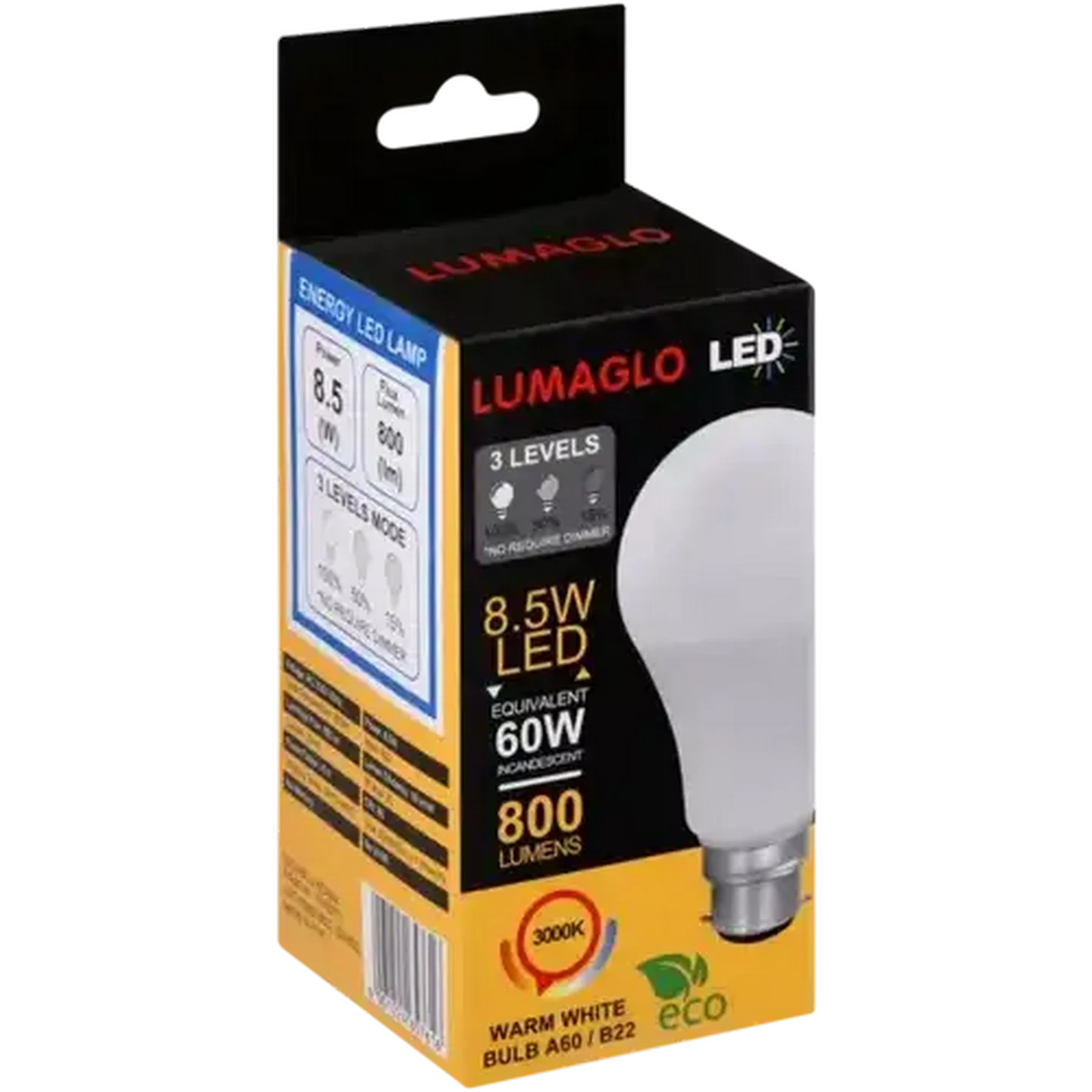 Image of Lumaglo Warm White 3-Level A60/B22 LED Bayonet Globe 8.5W