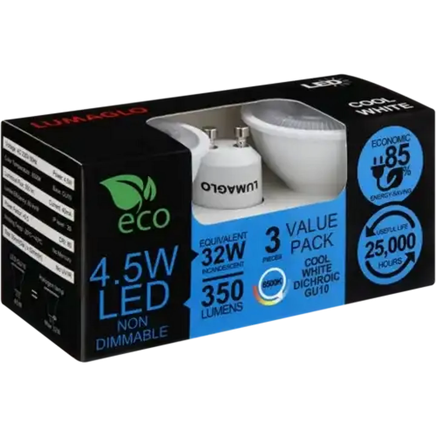 Image of Lumaglo Cool White GU10 Dichroic LED Globe 4.5W 3-Pack