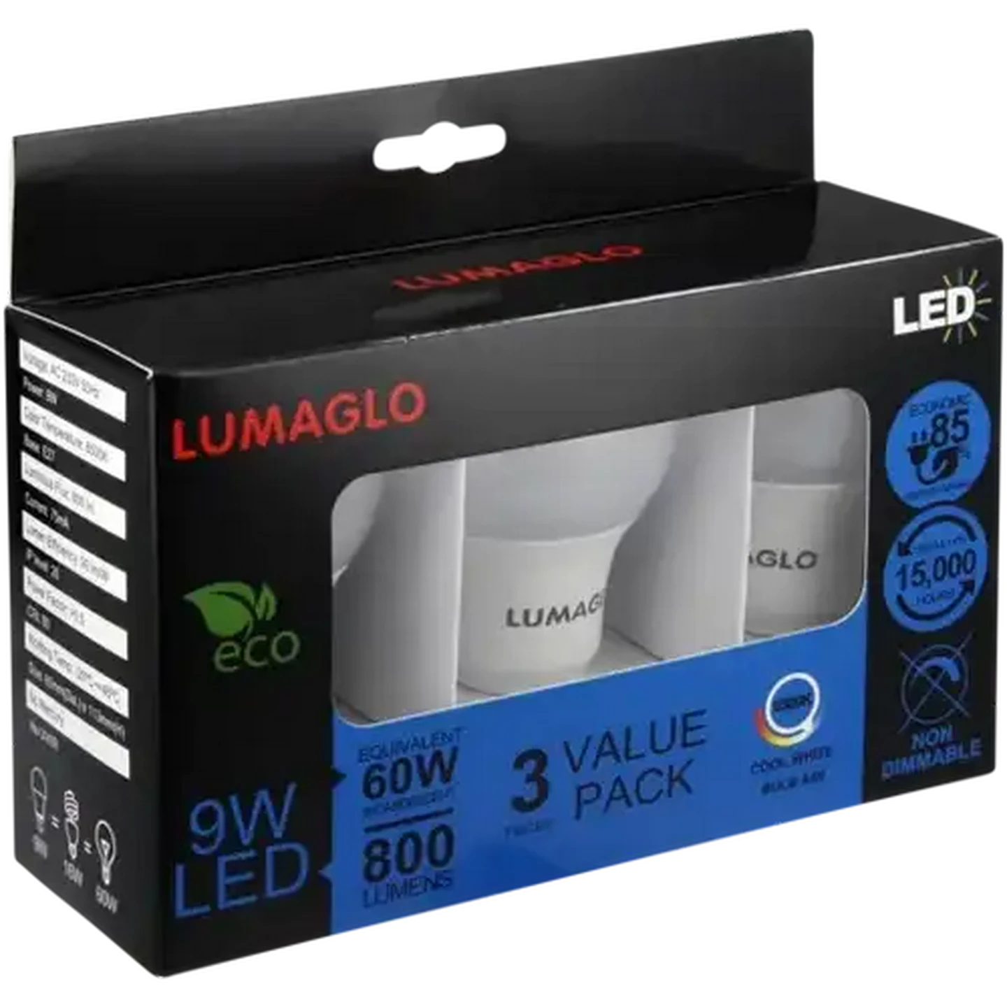 Image of Lumaglo Cool White CLA/E27 LED Screw-in Globe 9W 3 Pack
