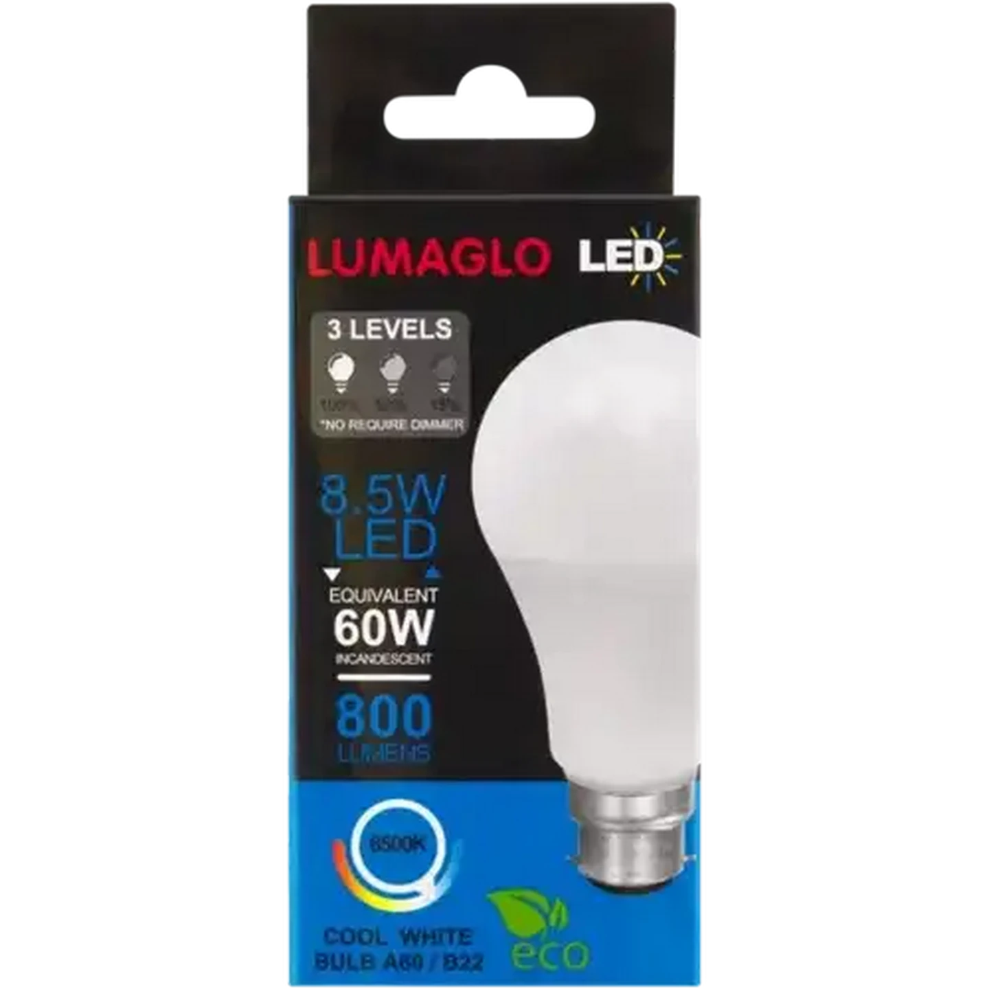 Image of Lumaglo Cool White A60/B22 3 Level Dimmer LED Light Bulb Bayonet Globe 8.5W