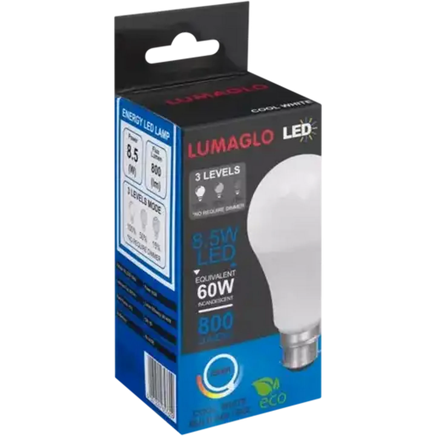 Image of Lumaglo Cool White A60/B22 3 Level Dimmer LED Light Bulb Bayonet Globe 8.5W