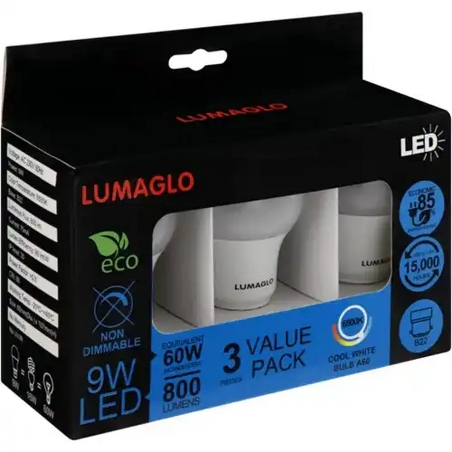 Image of Lumaglo Cool White CLA/B22 Non-Dimmable LED Bayonet Globe 3 Pack