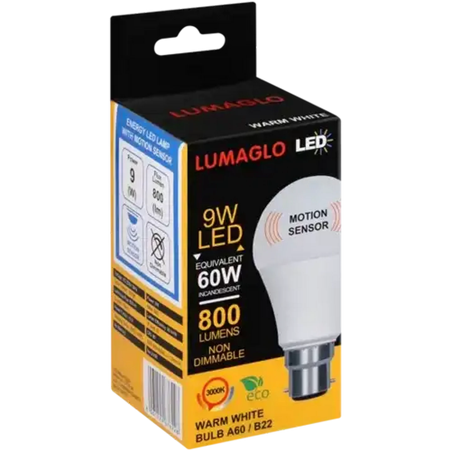 Image of Lumaglo Warm White Motion Sensor A60/B22 LED Globe 9W