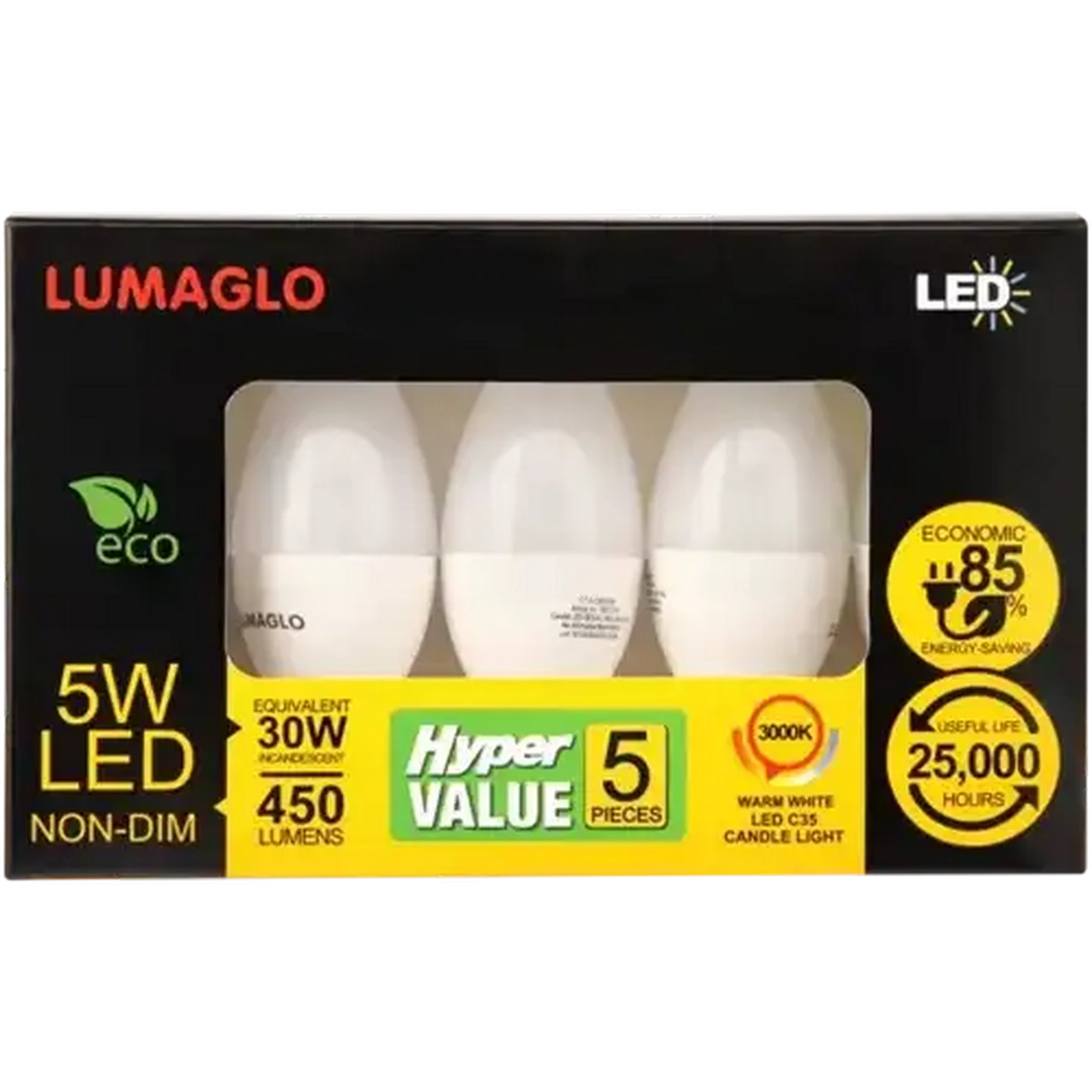 Image of Lumaglo Warm White LED Candle Small Screw Screw-in Globe 5W 5-Pack