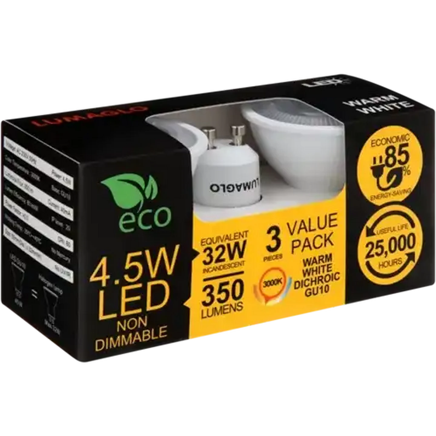 Image of Lumaglo Warm White PAR16/GU10 LED Dichroic Globe 4.5W 3 Pack
