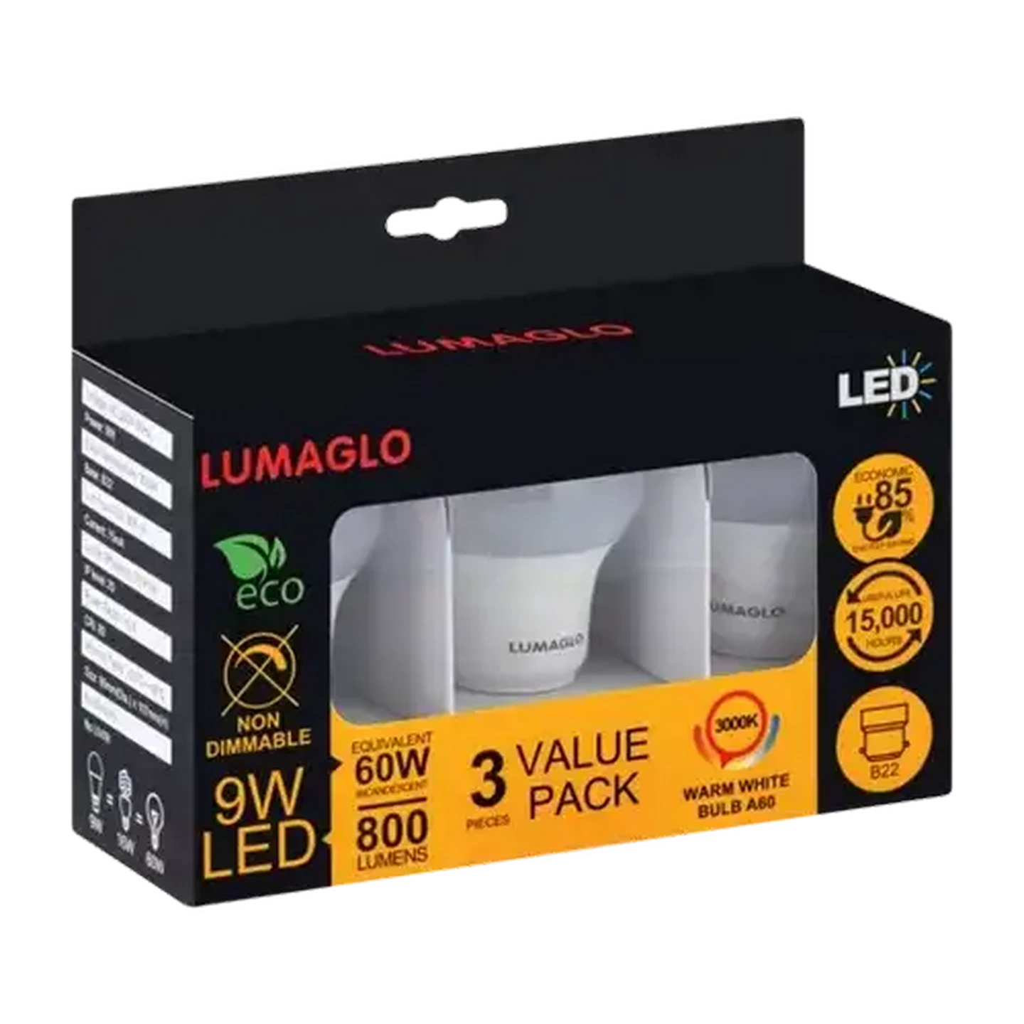 Image of Lumaglo Warm White A60/B22 LED Bayonet Bulb Bayonet Globe 9W 3-Pack