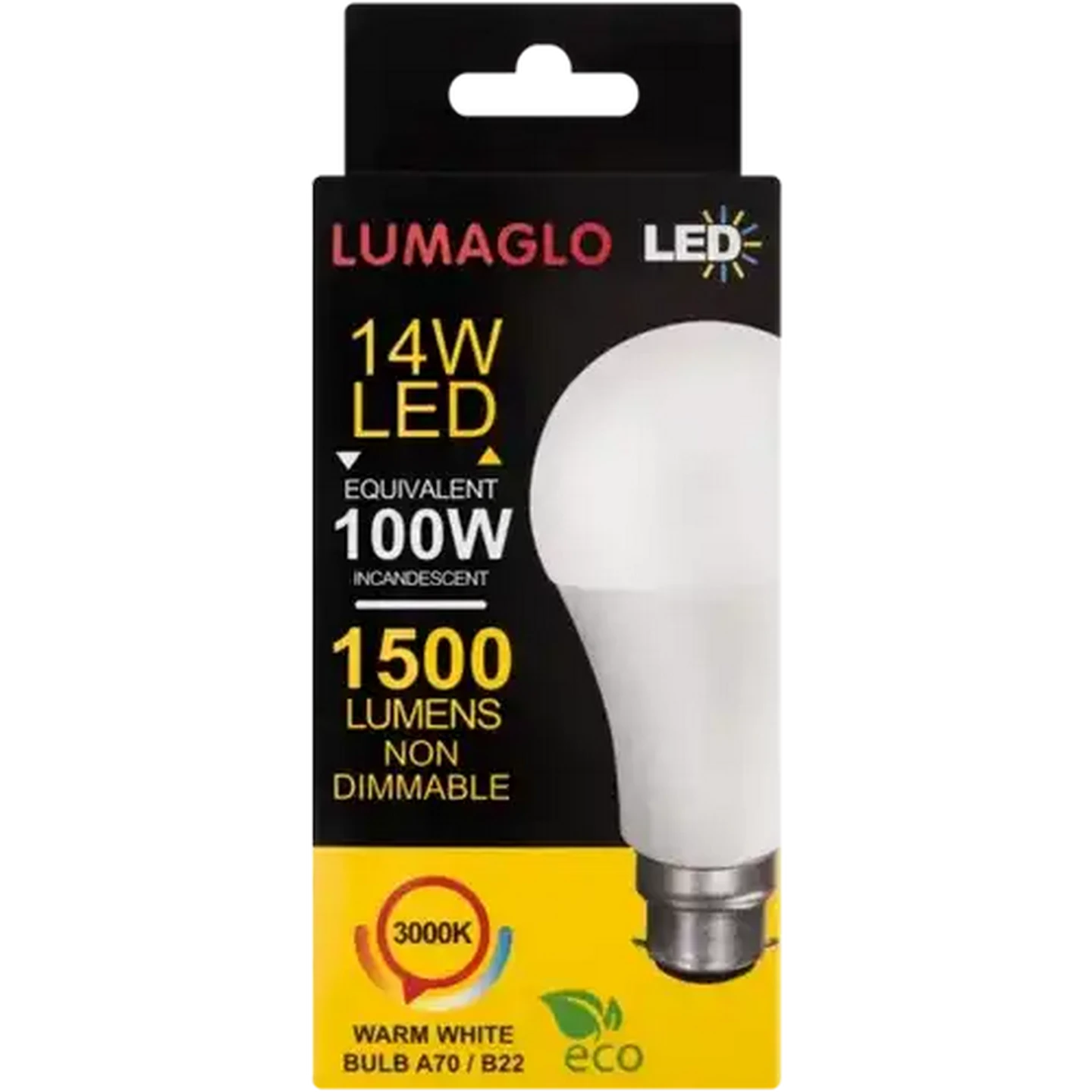 Image of Lumaglo Warm White A70/B22 LED Bayonet Globe 14W