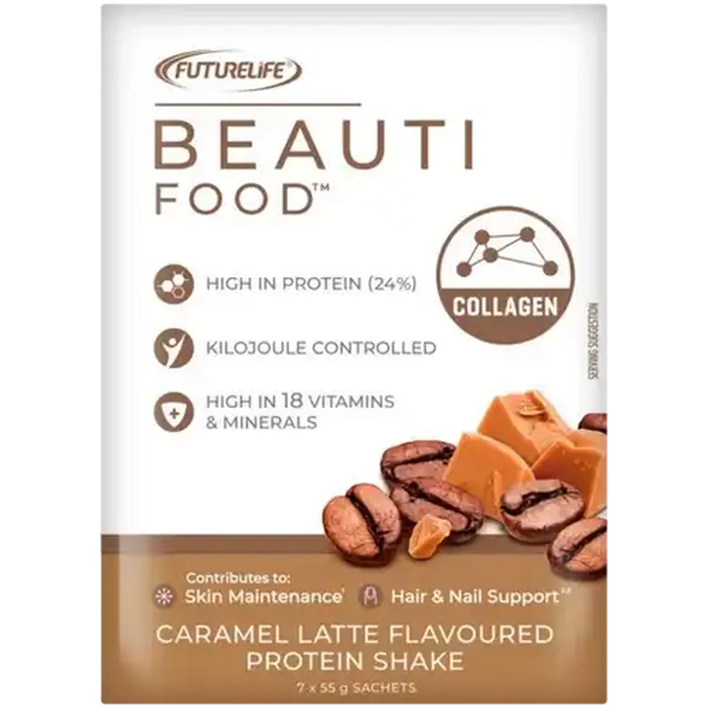 Image of FUTURELIFE Beauti Food Caramel Latte Flavoured Protein Shake 7 x 55g