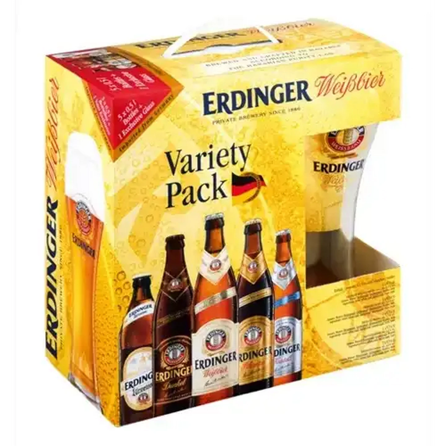 Image of Erdinger Wieblier Variety Pack Beer Bottles 5 x 500ml With Glass Gift Pack