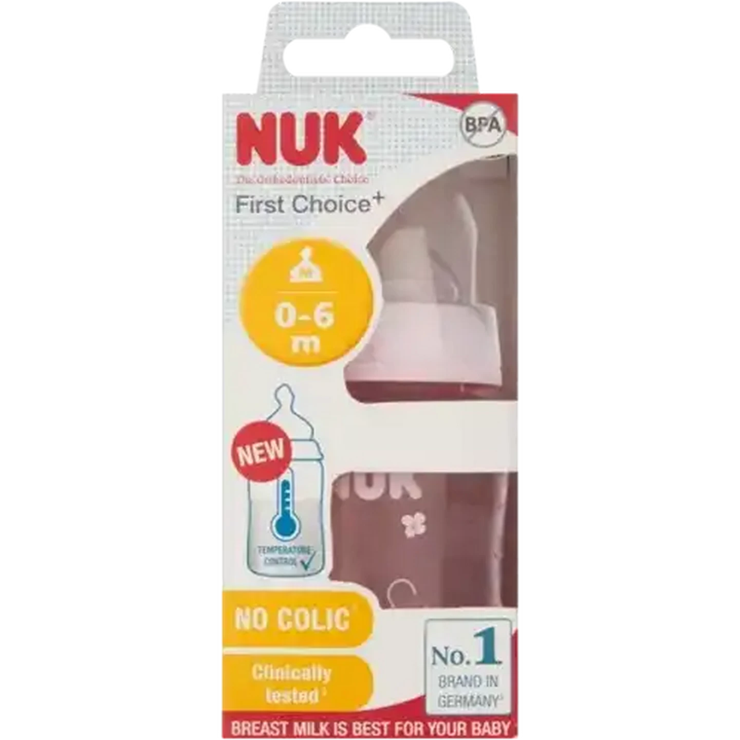 Image of NUK First Choice+ Pink Baby Bottle 0-6 Months