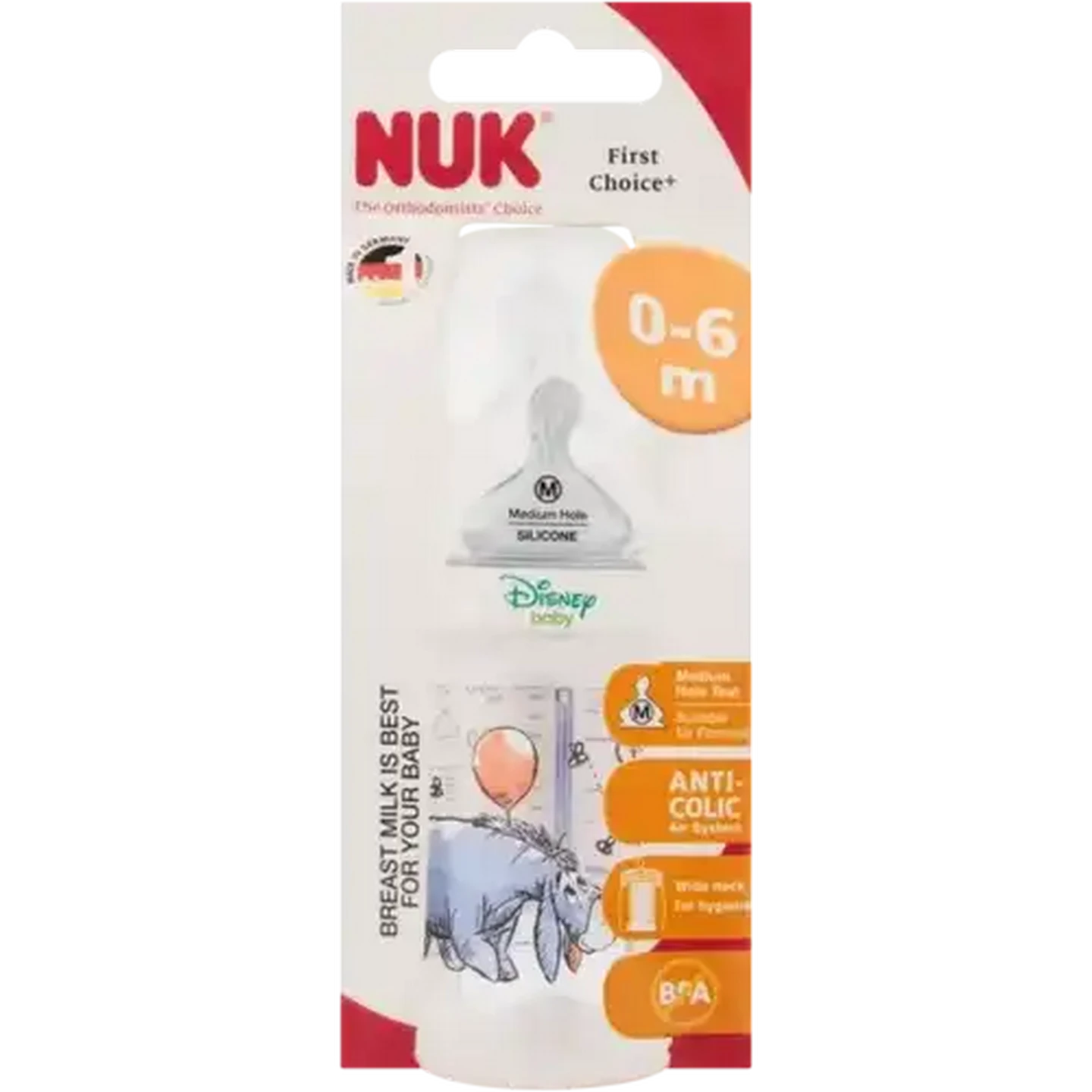 Image of NUK Disney Baby Medium Hole Teat Wide Neck Bottle 0-6 Months