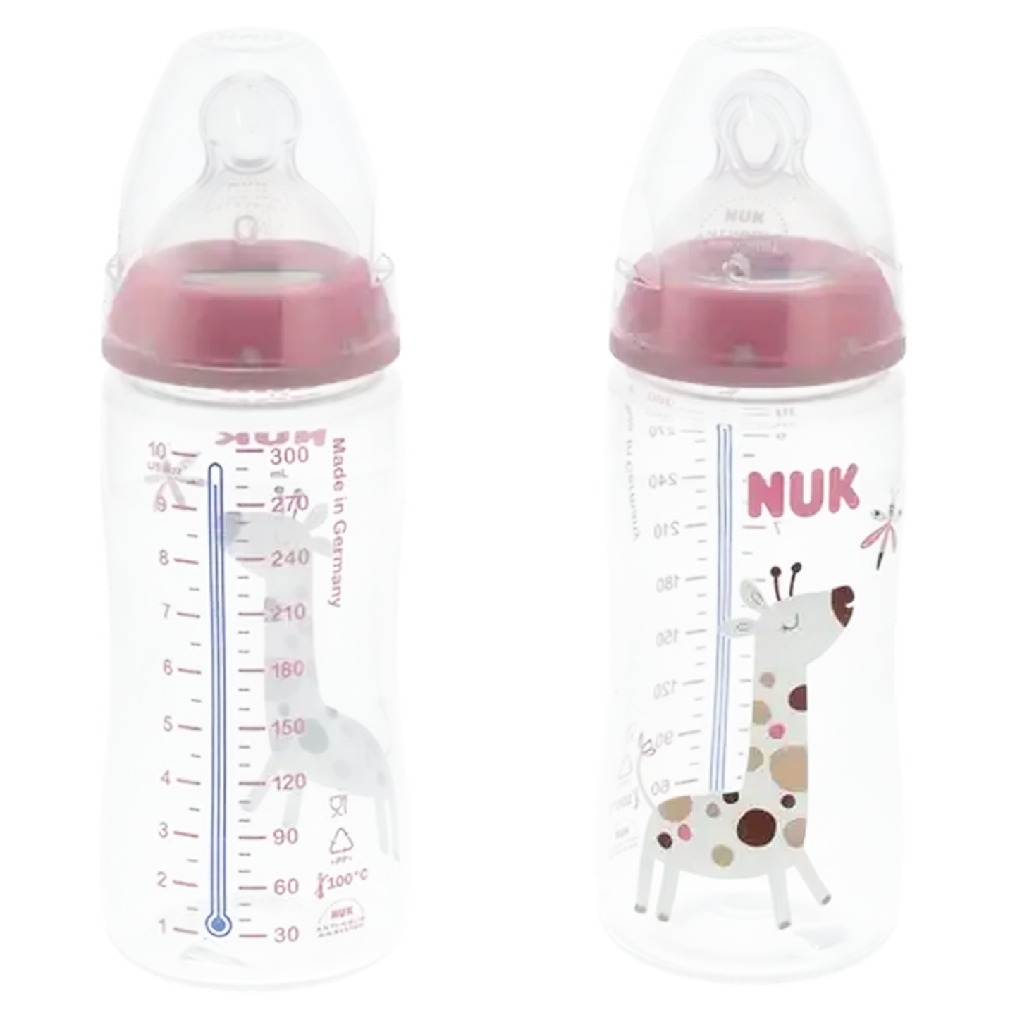 Image of NUK First Choice Pink & Clear Anti Colic Wide Neck Bottle 6-18 Months 2 x 300ml (Colour May Vary)