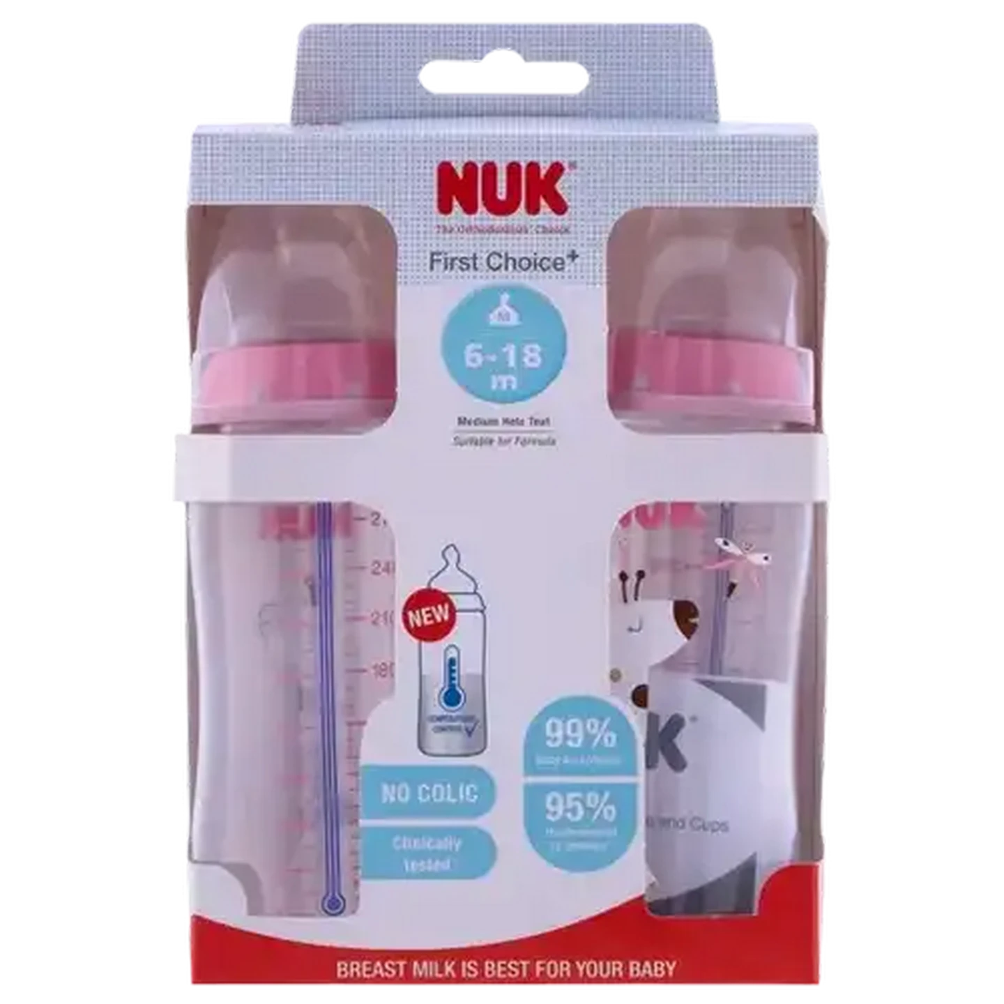 Image of NUK First Choice Pink & Clear Anti Colic Wide Neck Bottle 6-18 Months 2 x 300ml (Colour May Vary)