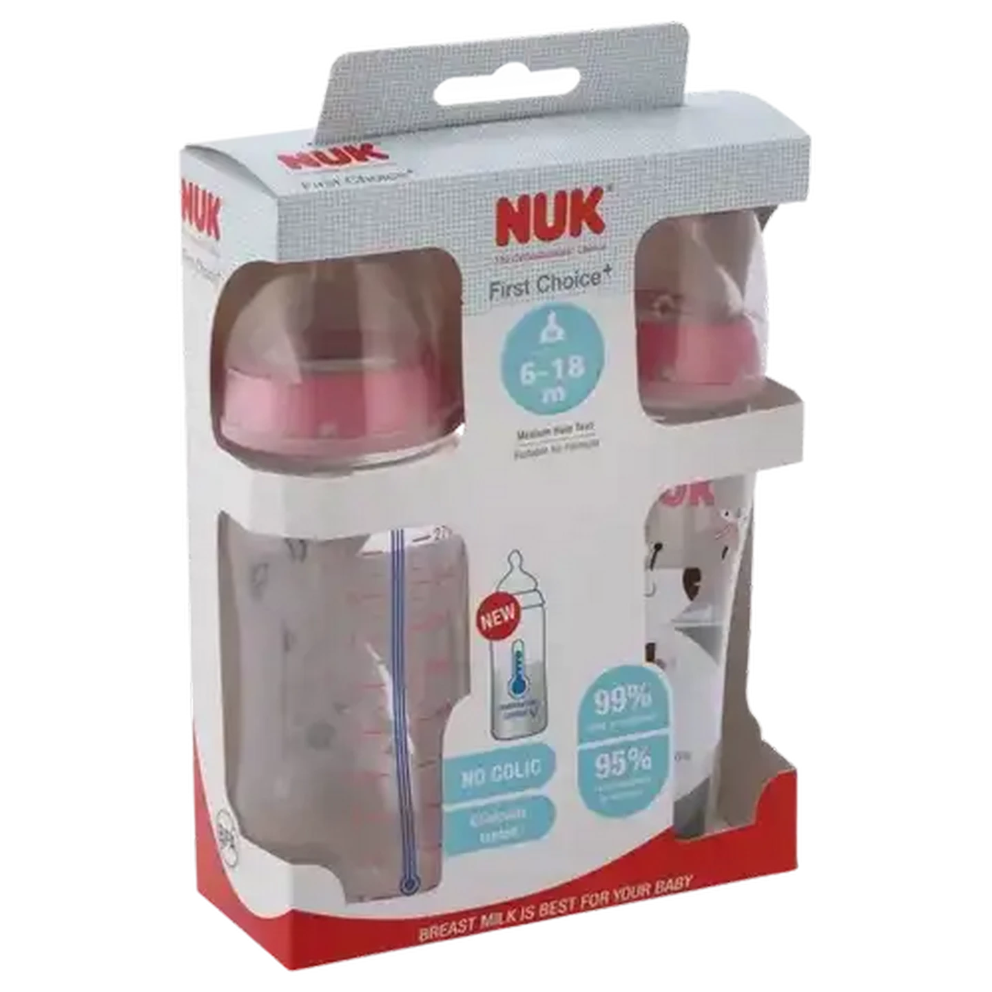 Image of NUK First Choice Pink & Clear Anti Colic Wide Neck Bottle 6-18 Months 2 x 300ml (Colour May Vary)