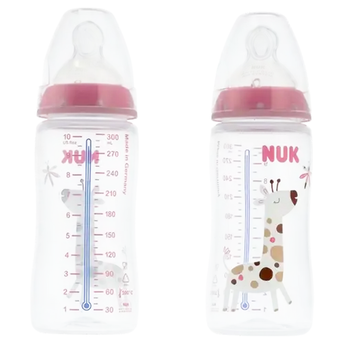 Image of NUK First Choice Pink & Clear Anti Colic Wide Neck Bottle 6-18 Months 2 x 300ml (Colour May Vary)