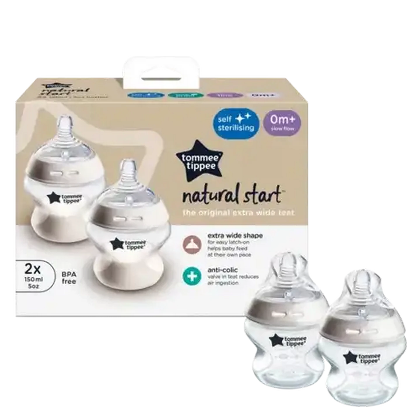 Image of Tommee Tippee Natural start 150ml self-sterilising clear bottle 2-Pack 0 Months +  (Type May Vary)