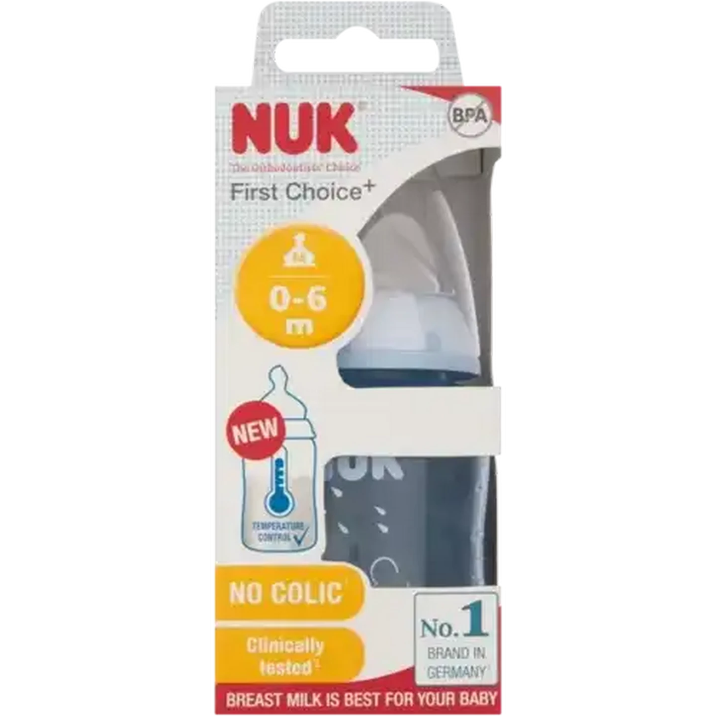 Image of NUK First Choice+ Blue Baby Bottle 0-6 Months