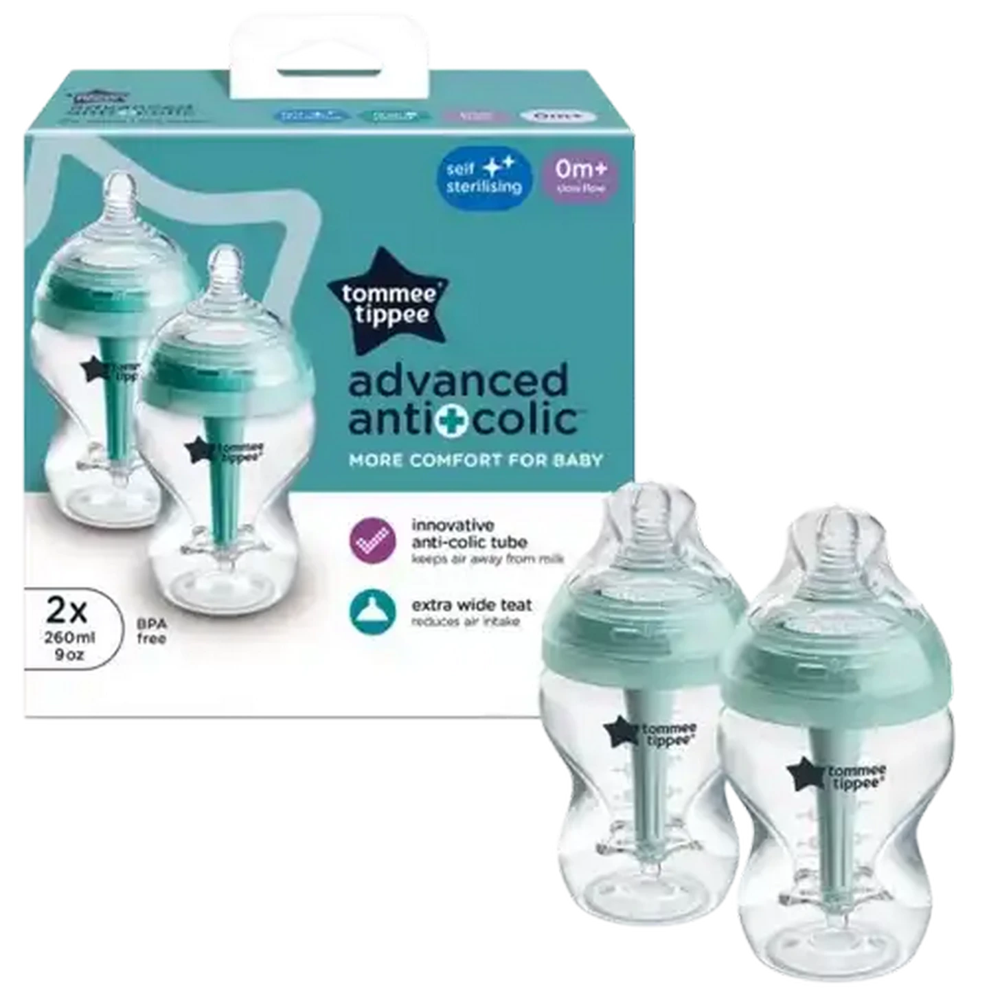 Image of Tommee Tippee Advanced anti-colic 260ml self-sterilising bottle 2-Pack 0 months +