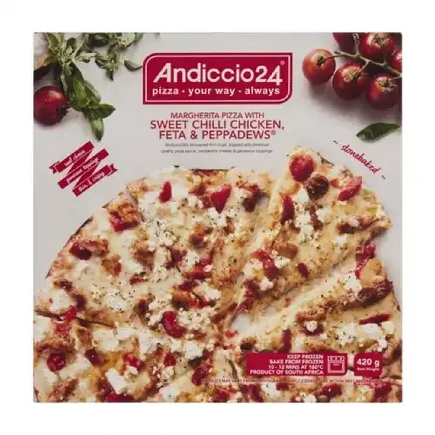 Image of Andiccio24 Frozen Sweet Chilli Chicken, Feta & Peppadews Margherita Pizza 420g