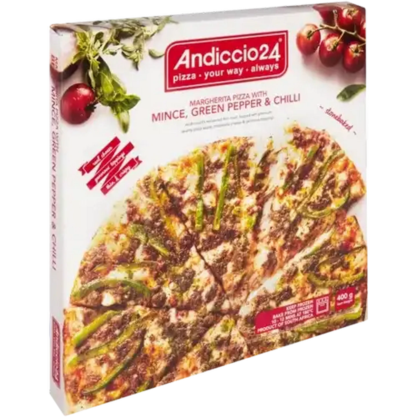 Image of Andiccio24 Frozen Mince, Green Pepper & Chilli Margherita Pizza 400g