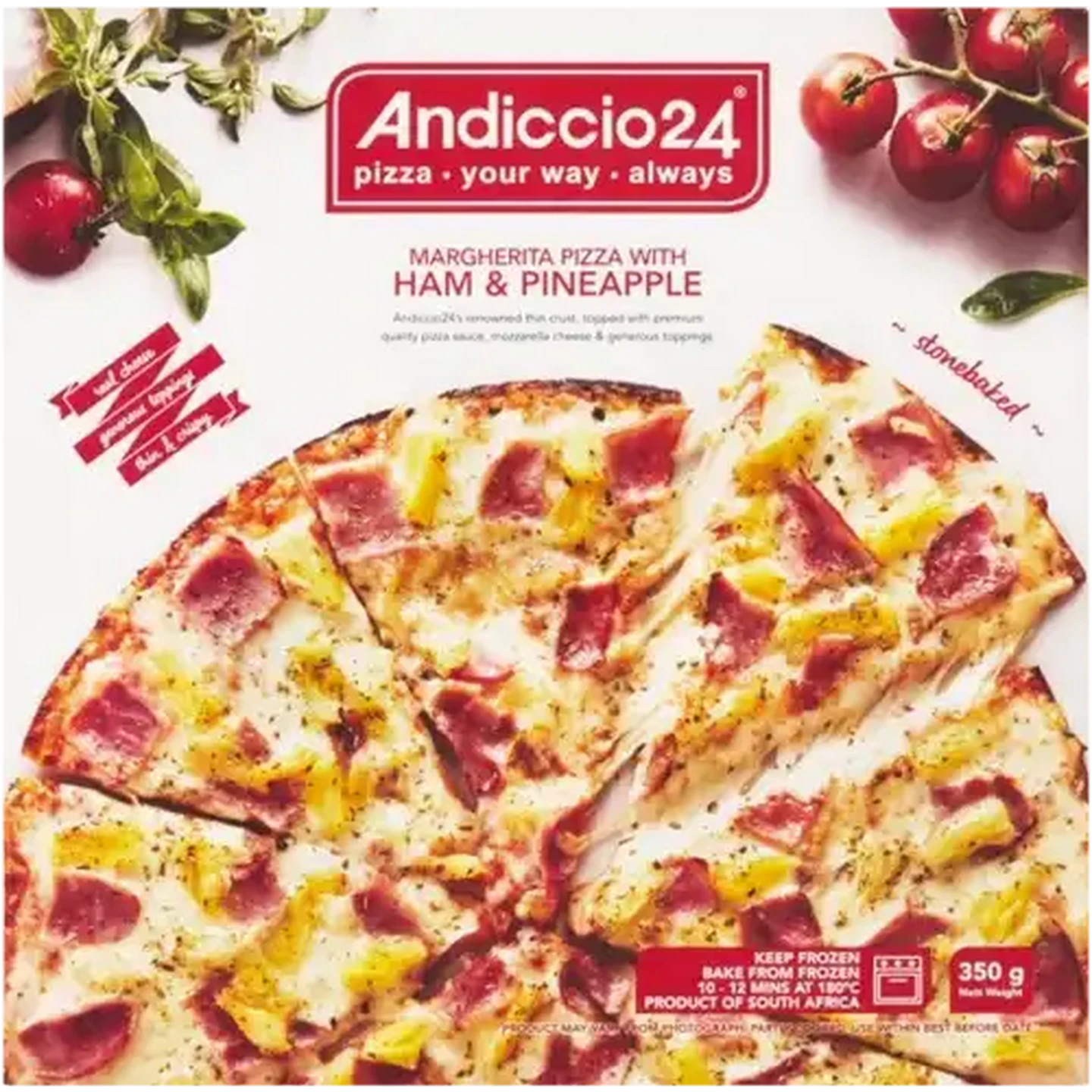 Image of Andiccio24 Frozen Ham & Pineapple Margherita Pizza 350g