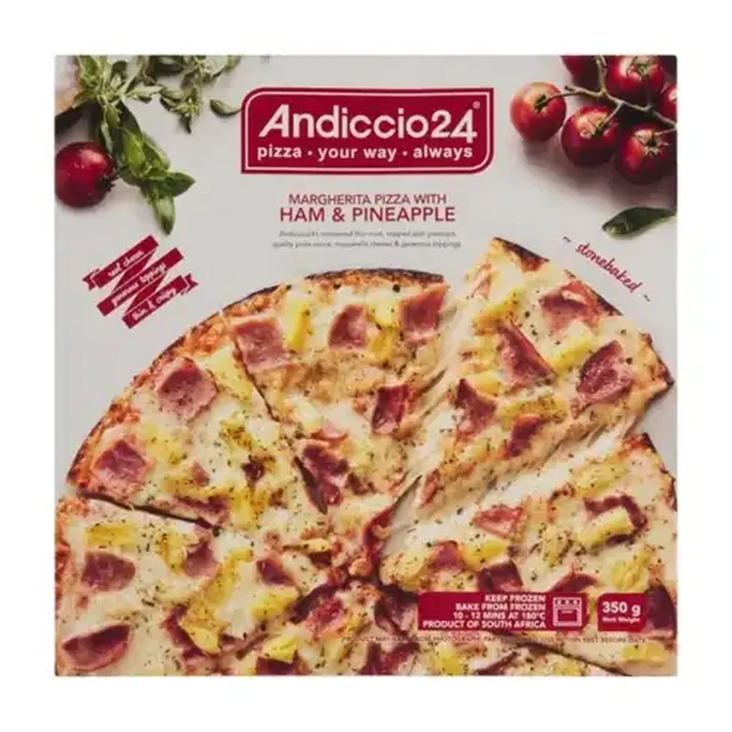 Image of Andiccio24 Frozen Ham & Pineapple Margherita Pizza 350g