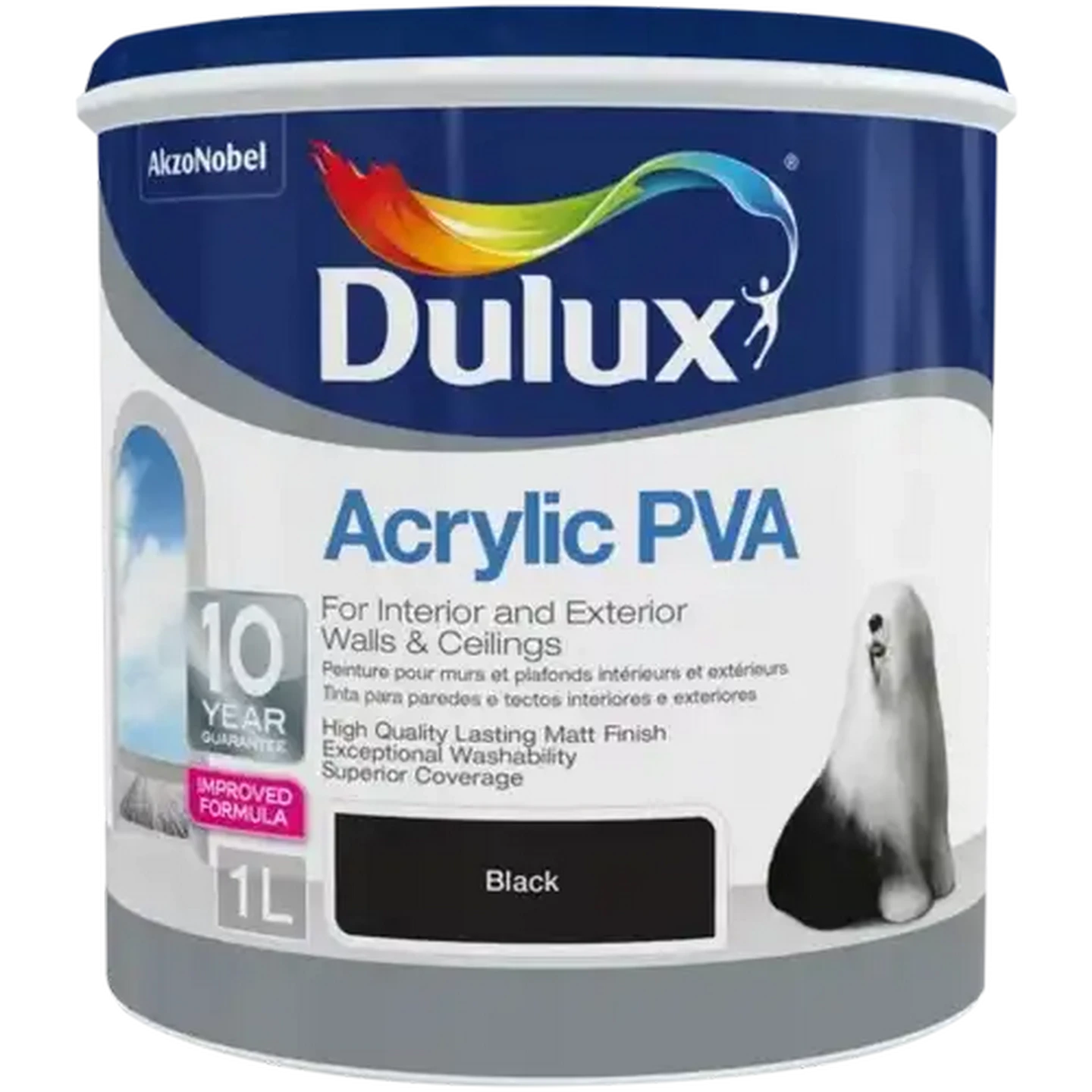 Image of Dulux Matt Black Acrylic PVA Paint 1L
