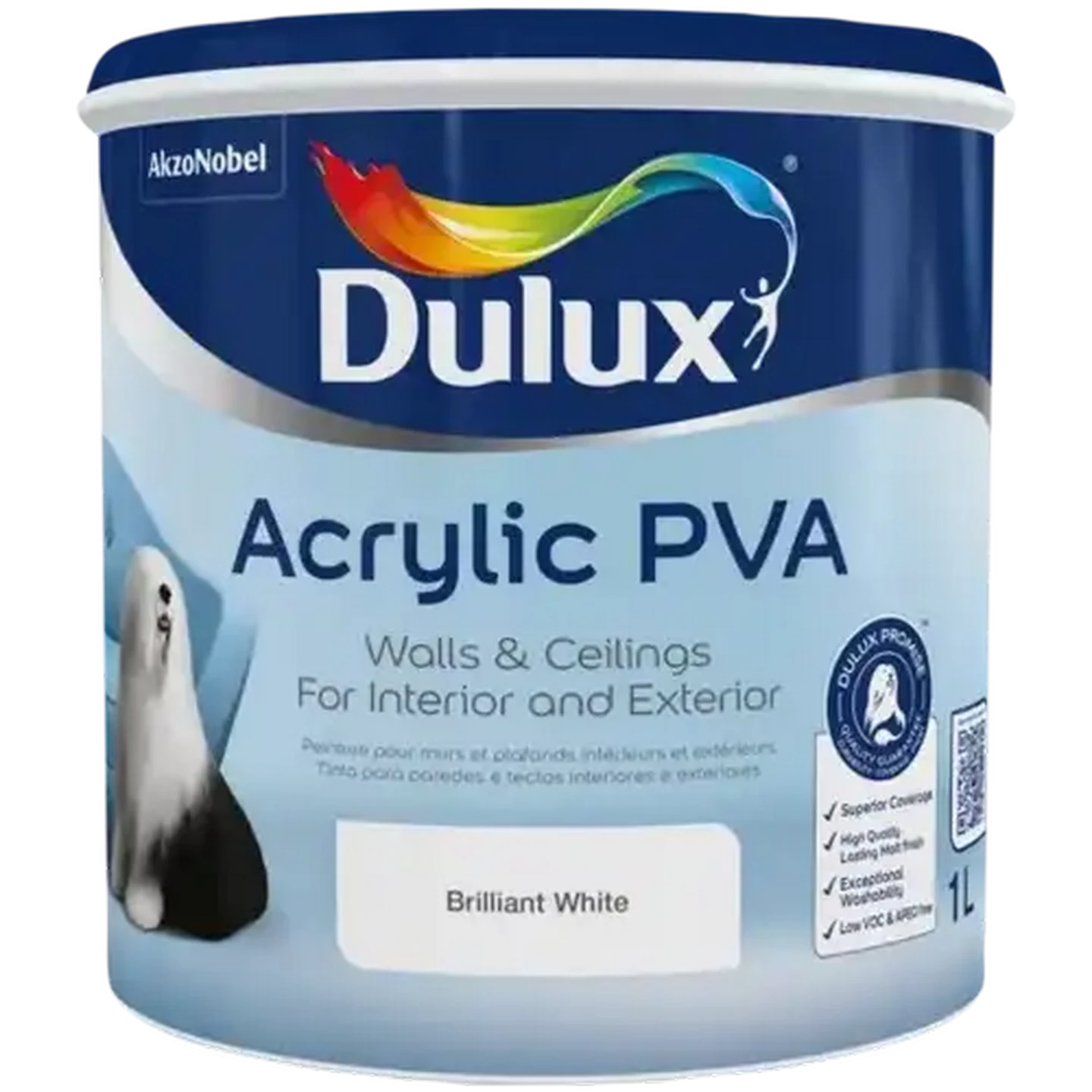 Image of Dulux Brilliant White Acrylic PVA Paint 1L