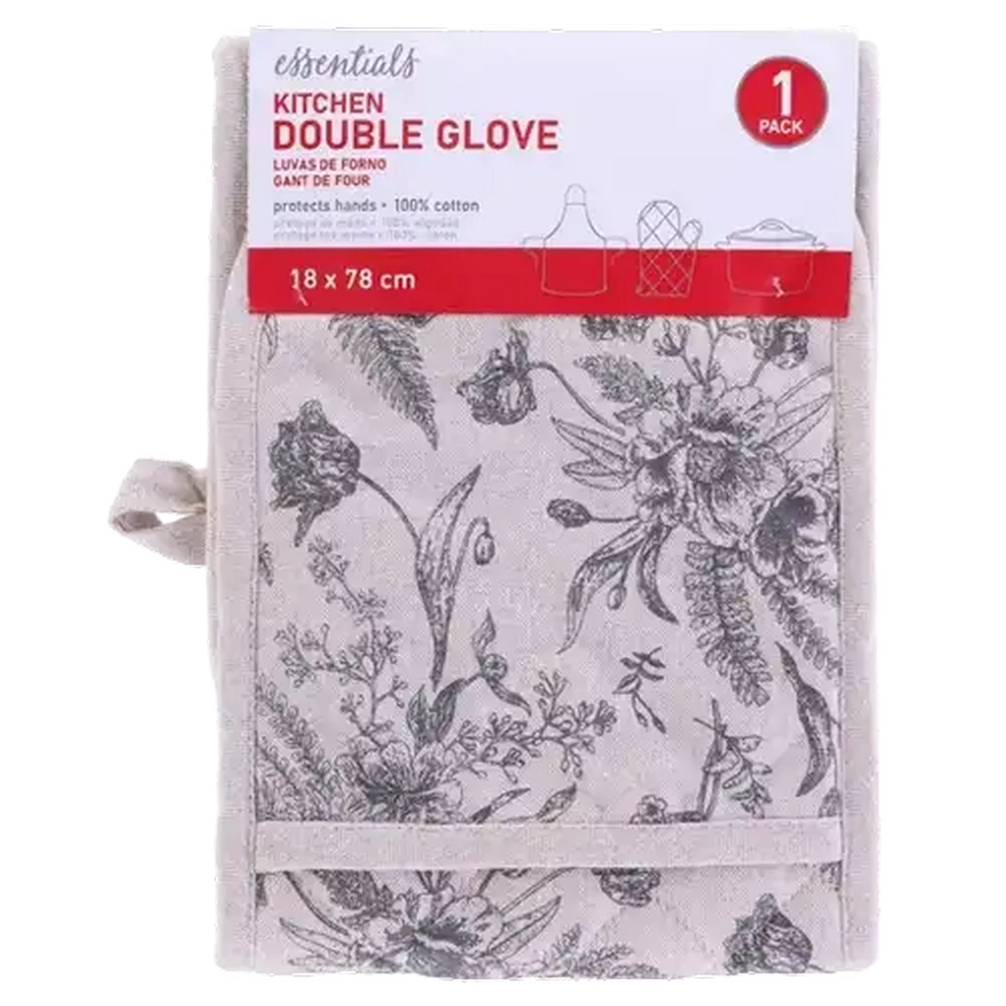 Image of Essentials Delft Grey Floral Kitchen Double Oven Glove 18 x 78cm