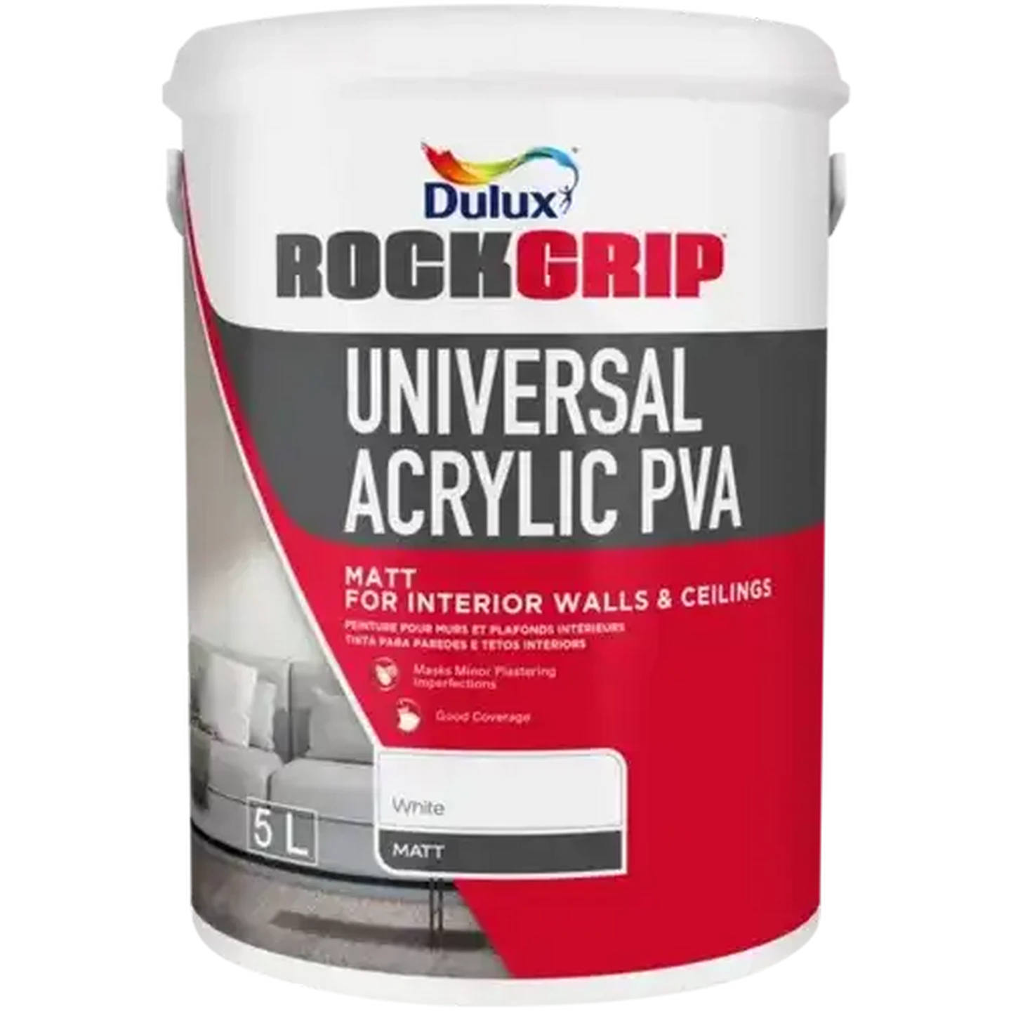 Image of Dulux Rockgrip White Universal Acrylic PVA Paint 5L