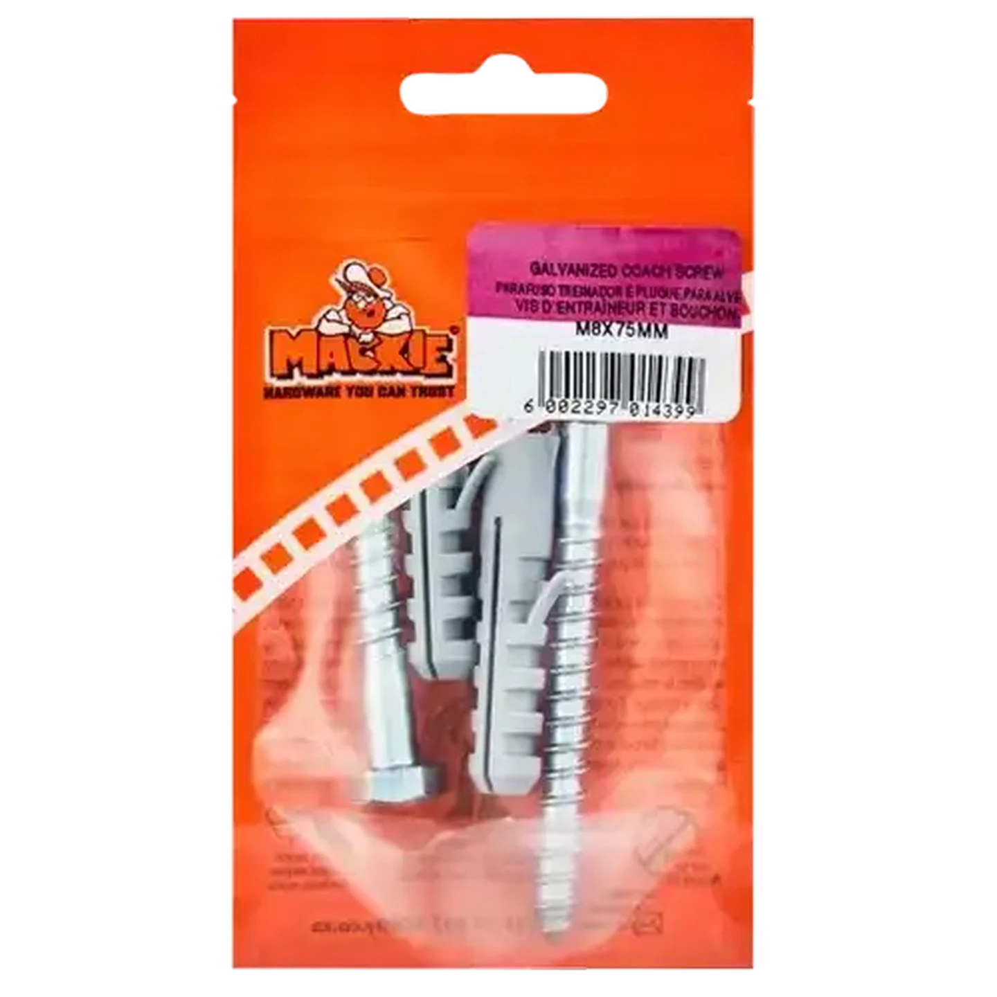 Image of Mackie Coach Screw & Plug M8 x 75mm 2 Piece