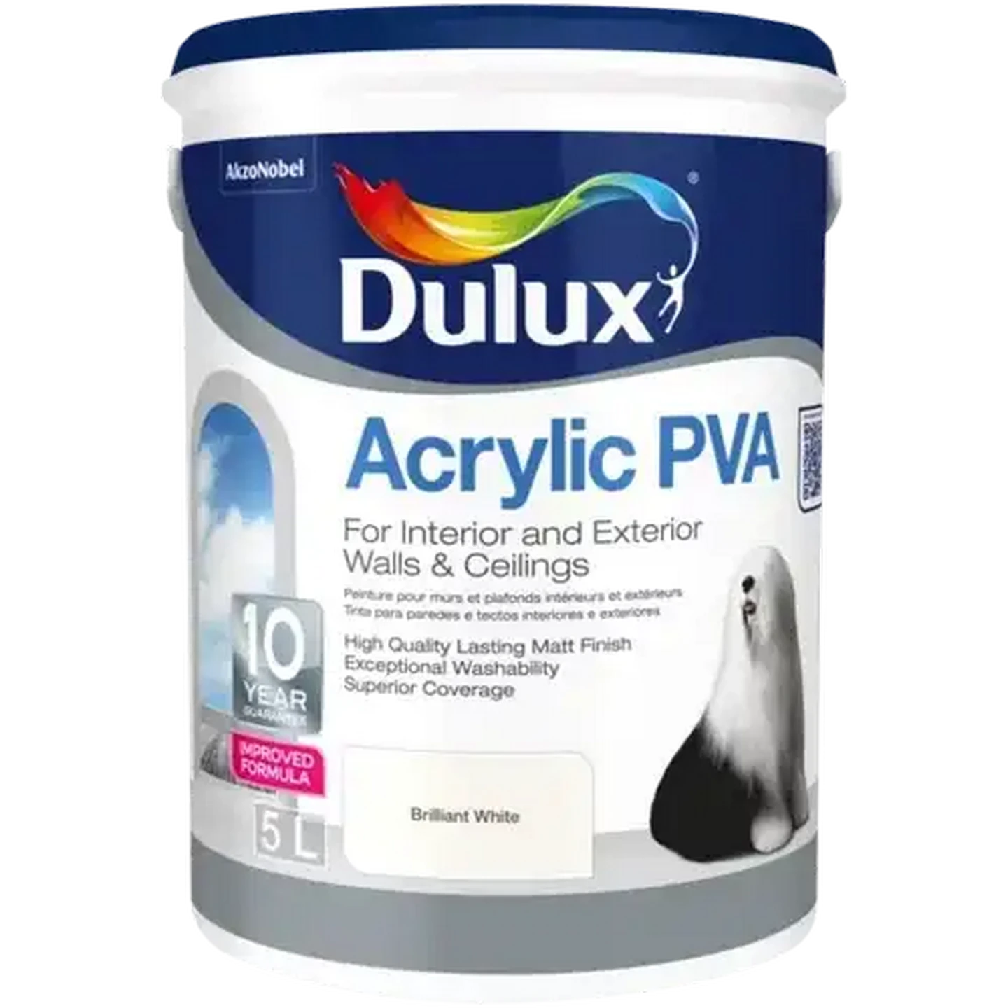 Image of Dulux Brilliant White Matt Acrylic PVA Paint 5L