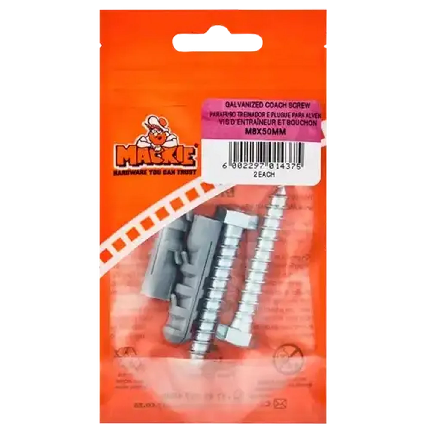 Image of Mackie Coach Screw & Plug M8 x 50mm 2 Piece