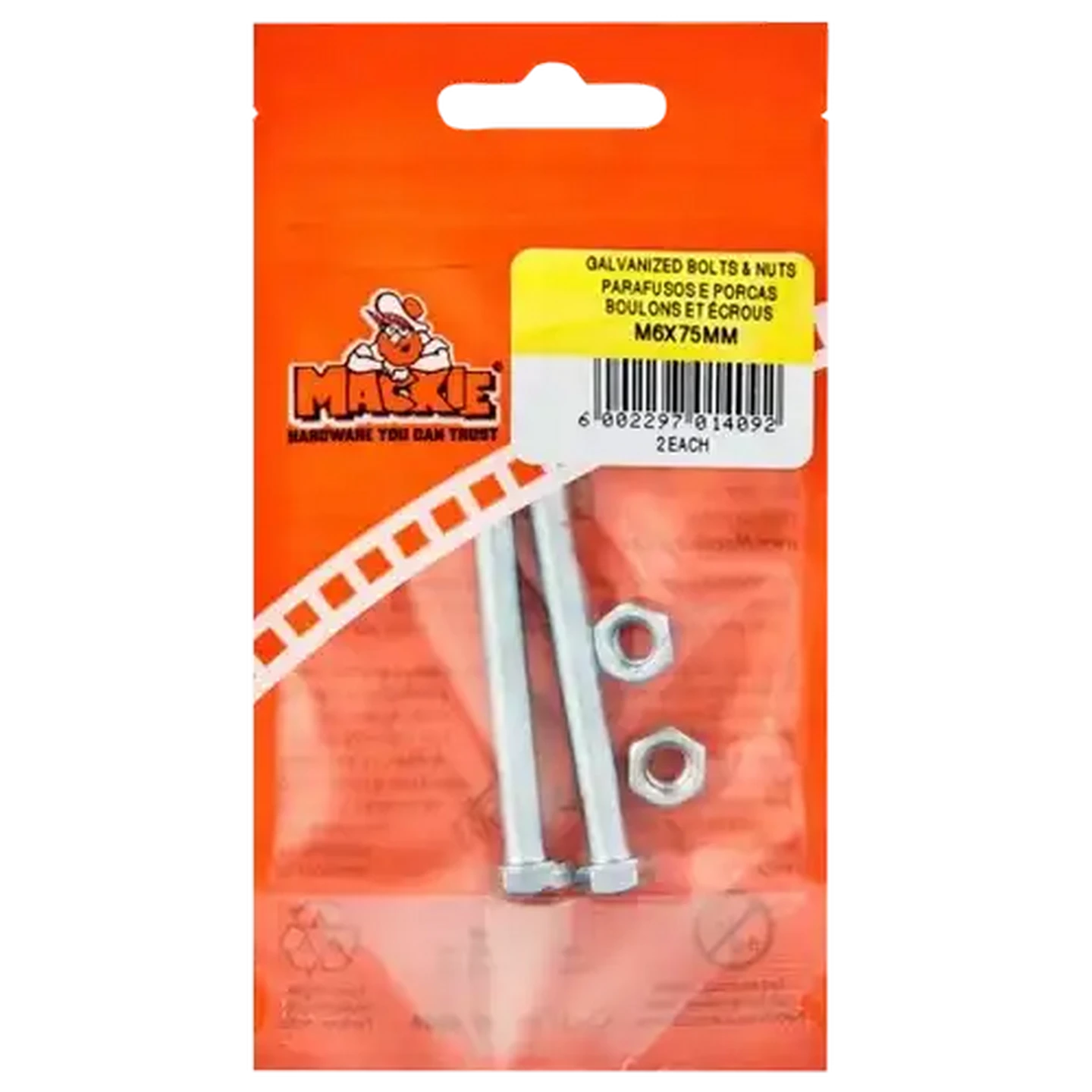 Image of Mackie Bolt & Nut M6 x 75mm 2 Piece