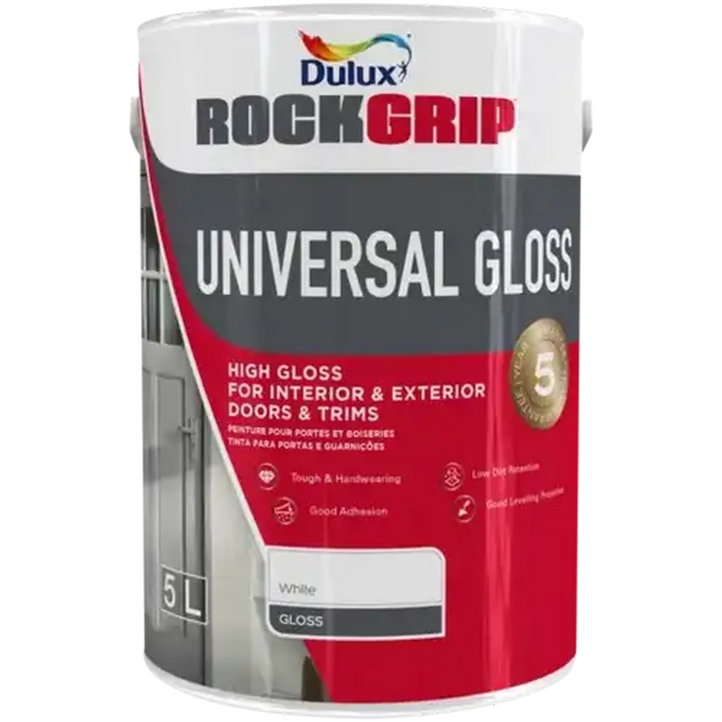 Image of Dulux Rockgrip White Universal Gloss Enamel Paint 5L